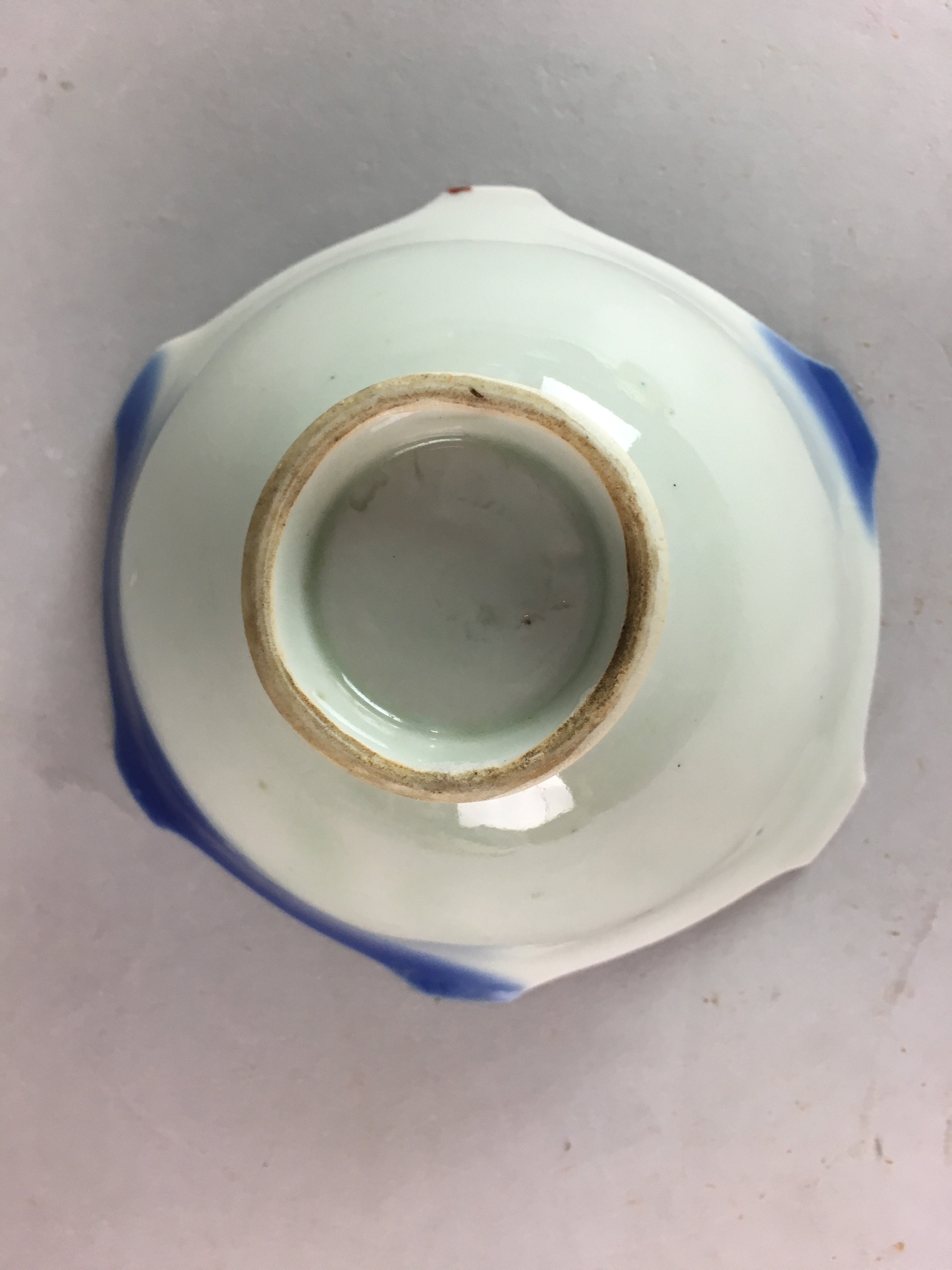 Japanese Porcelain 6 Sided Bowl Vtg Kobachi Blue Green Leaf Snack Kanji PT185