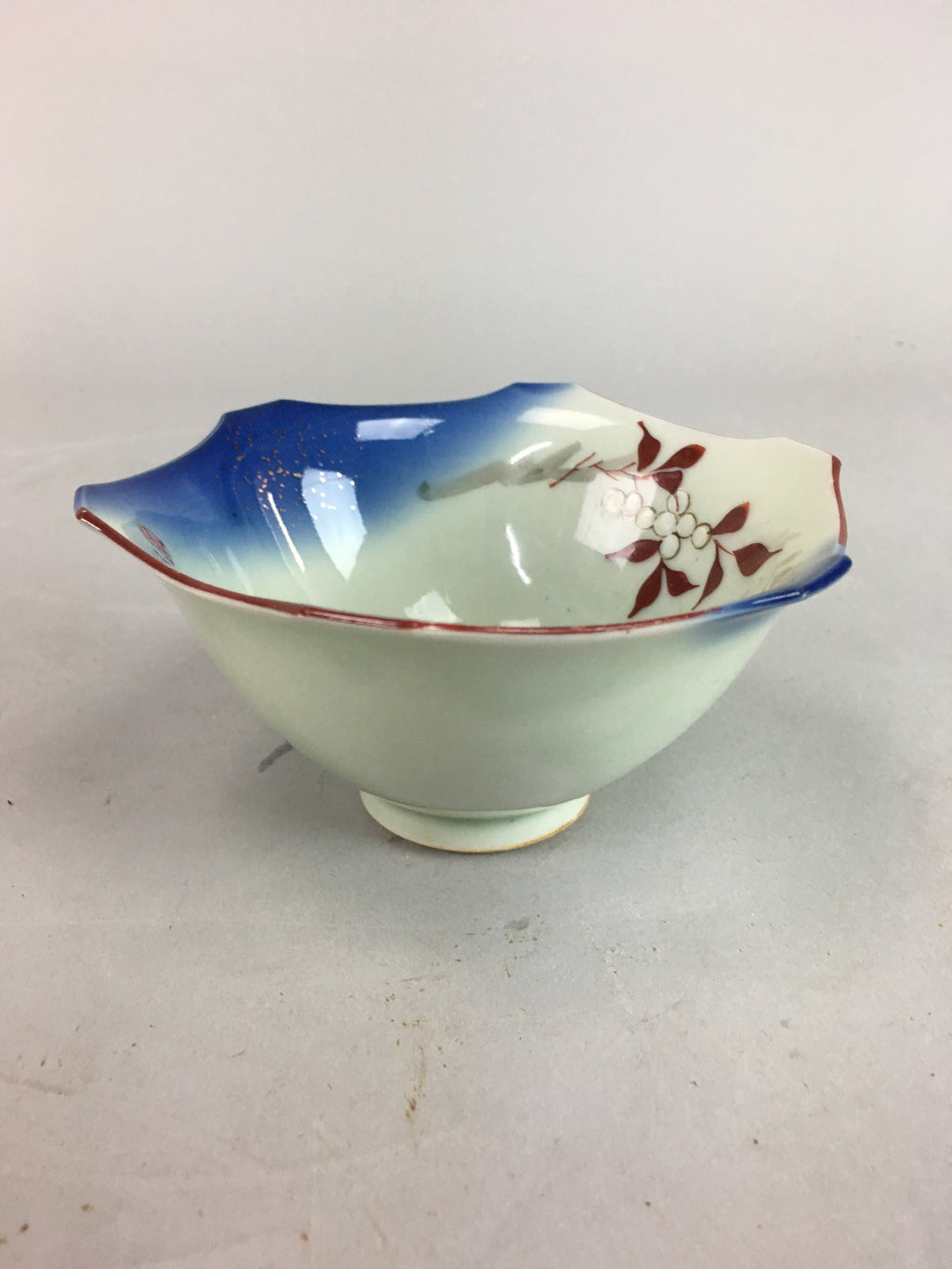 Japanese Porcelain 6 Sided Bowl Vtg Kobachi Blue Green Leaf Snack Kanji PT186