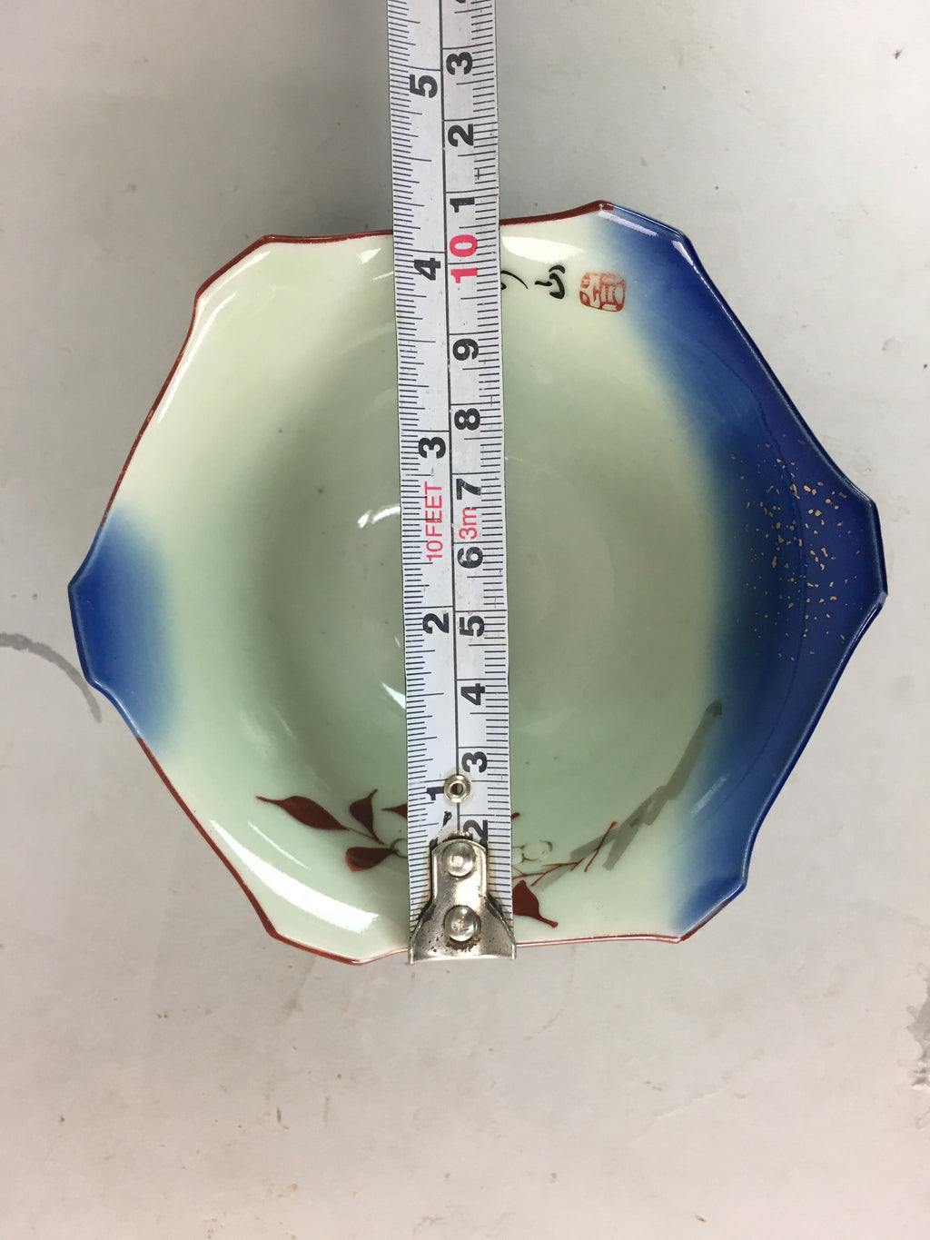 Japanese Porcelain 6 Sided Bowl Vtg Kobachi Blue Green Leaf Snack Kanji PT186