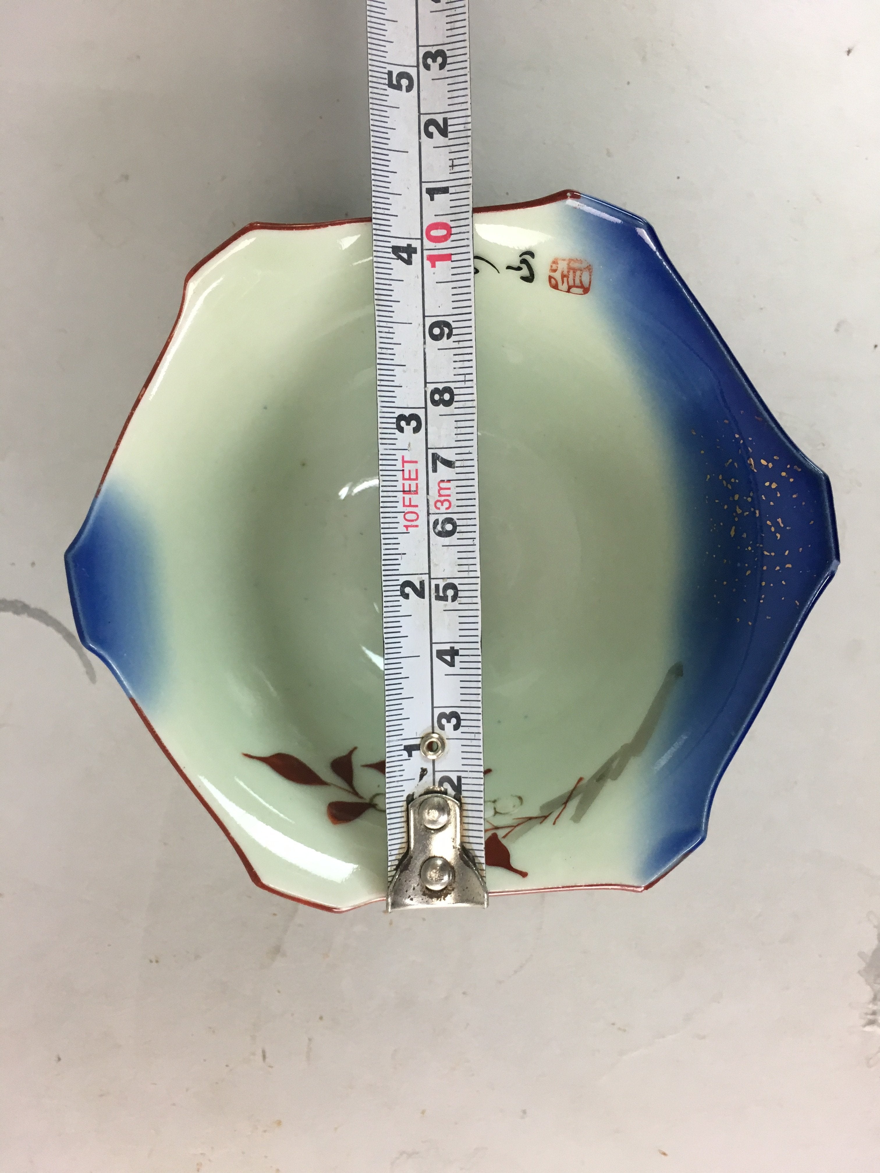 Japanese Porcelain 6 Sided Bowl Vtg Kobachi Blue Green Leaf Snack Kanji PT186