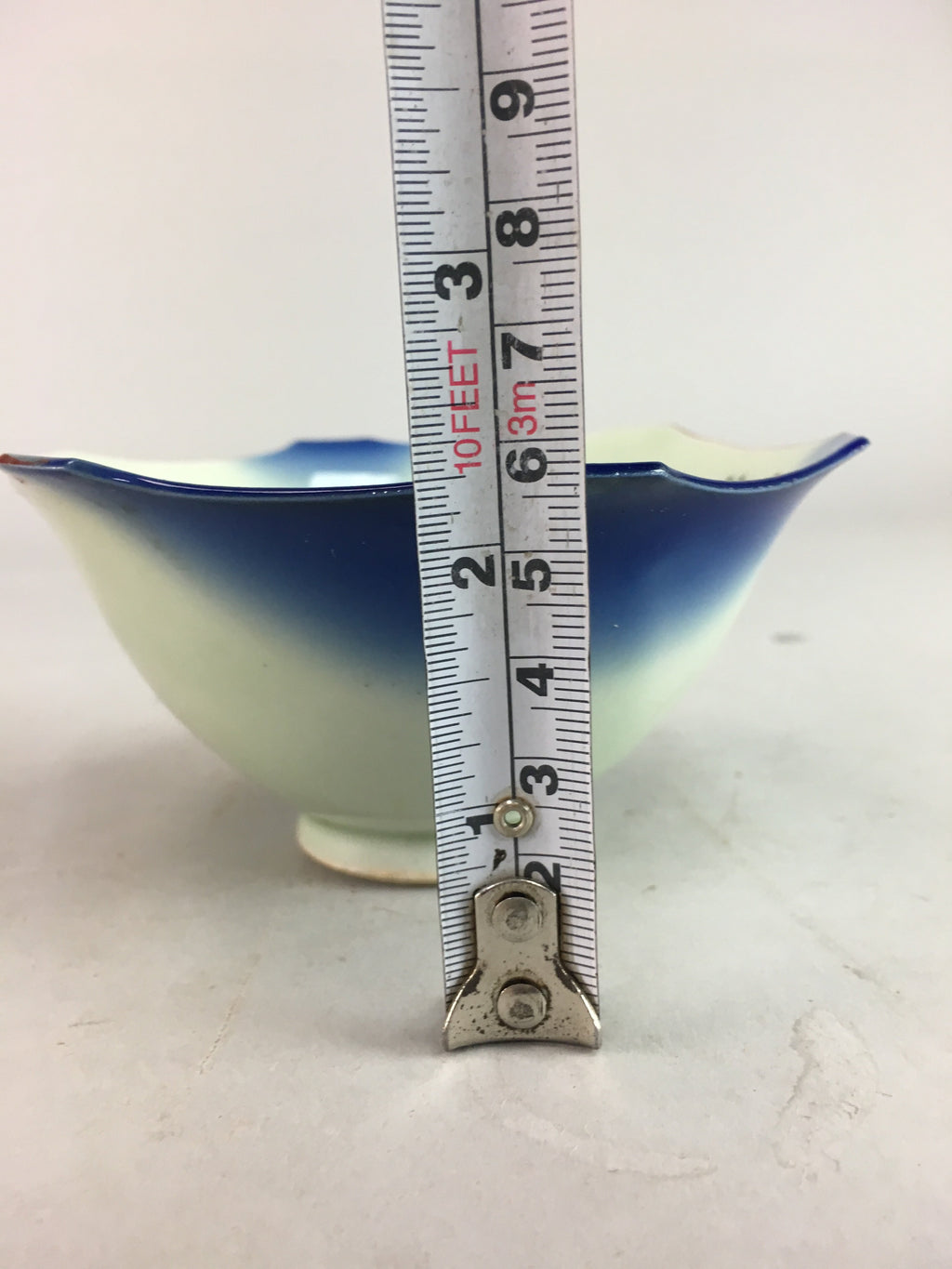 Japanese Porcelain 6 Sided Bowl Vtg Kobachi Blue Green Leaf Snack Kanji PT186