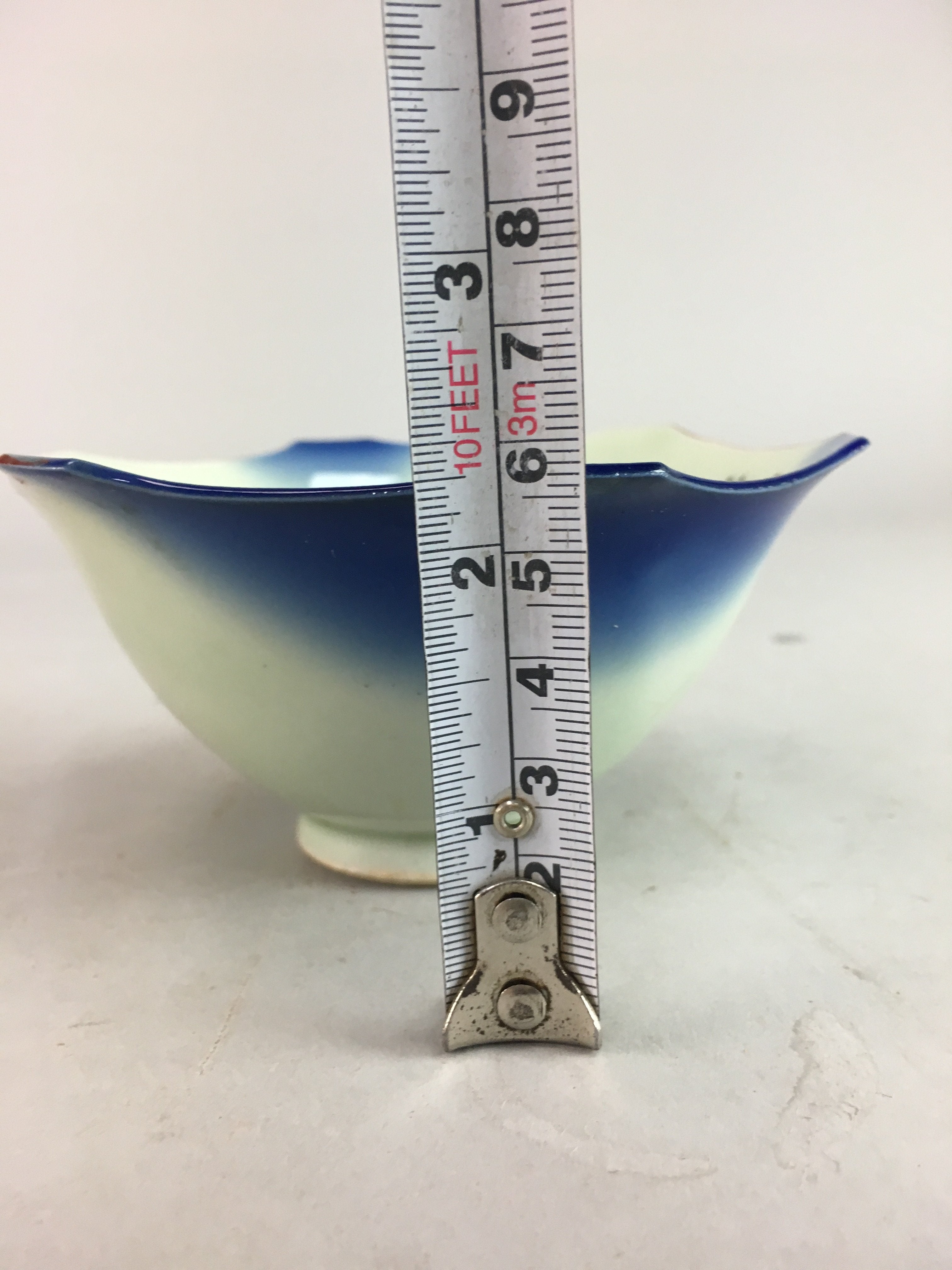 Japanese Porcelain 6 Sided Bowl Vtg Kobachi Blue Green Leaf Snack Kanji PT186