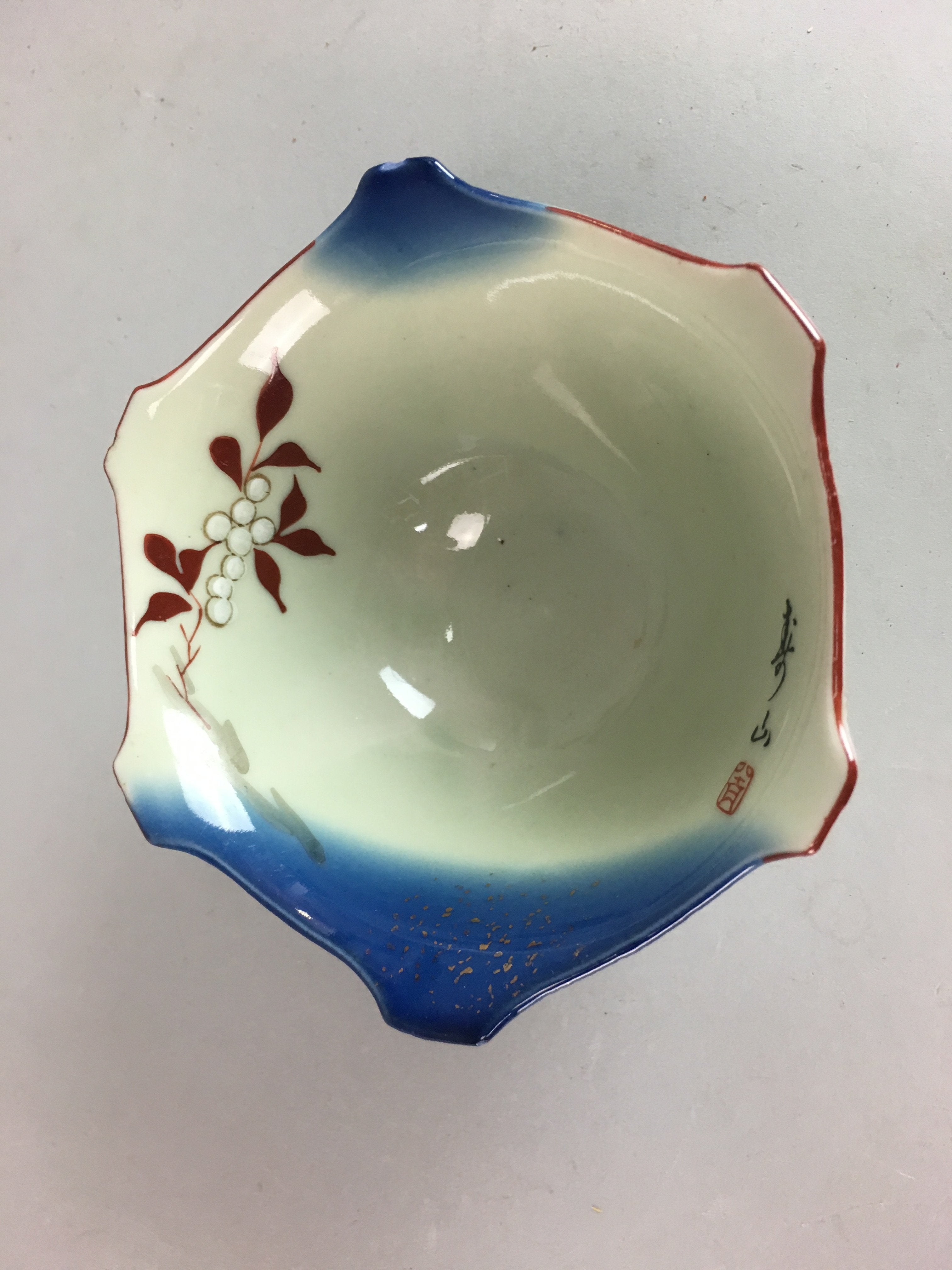 Japanese Porcelain 6 Sided Bowl Vtg Kobachi Blue Green Leaf Snack Kanji PT201