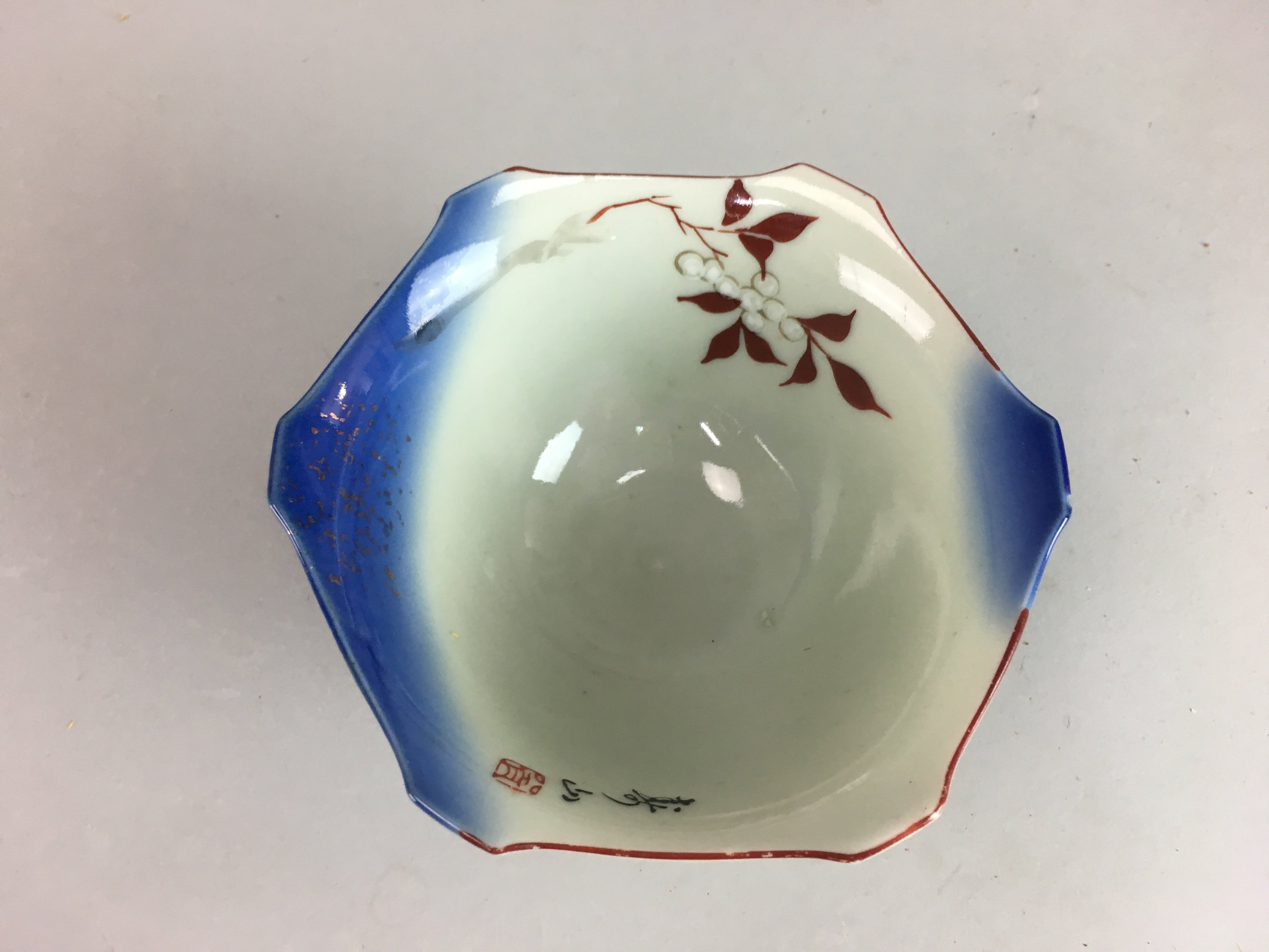 Japanese Porcelain 6 Sided Bowl Vtg Kobachi Blue Green Leaf Snack Kanji PT202