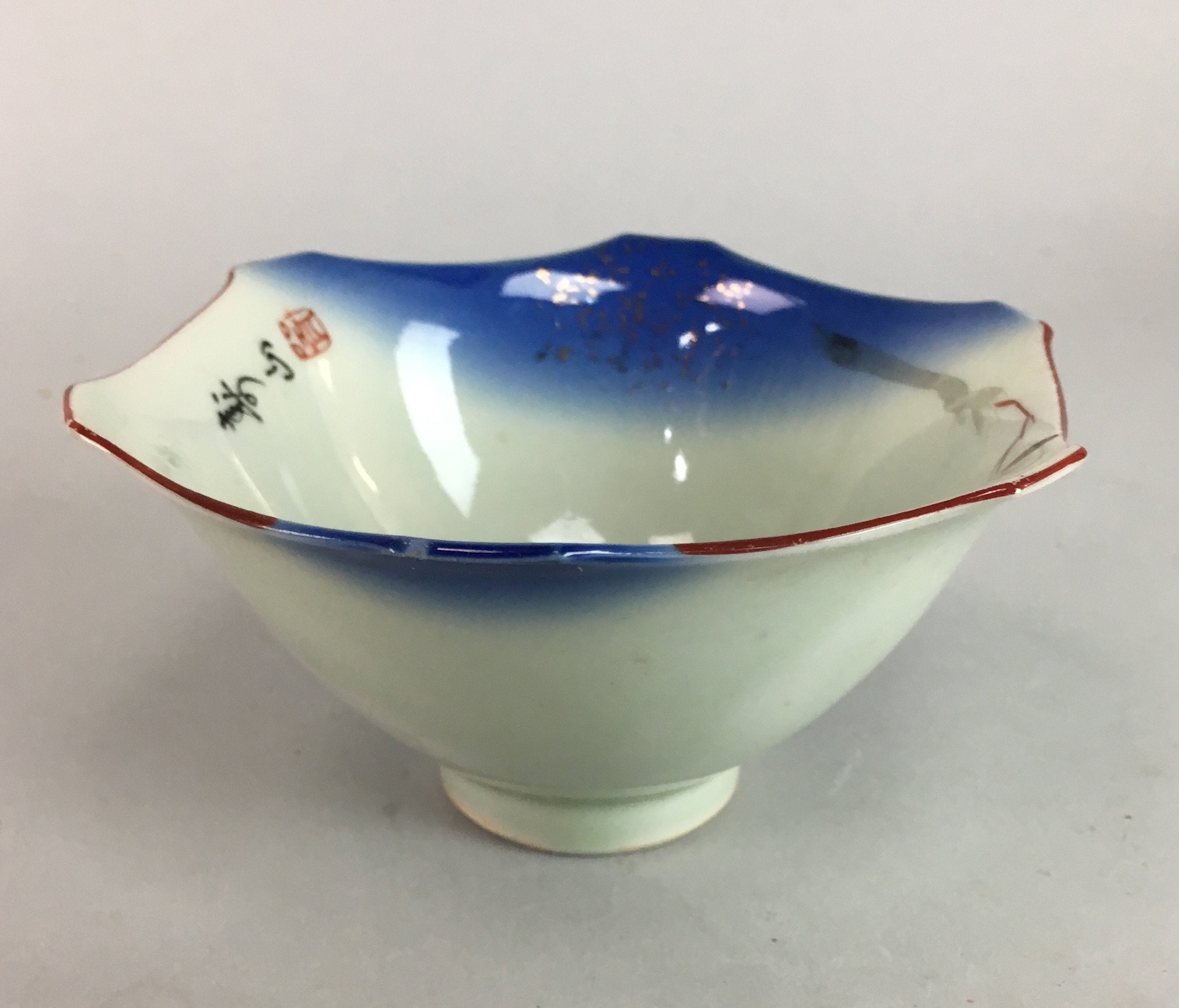 Japanese Porcelain 6 Sided Bowl Vtg Kobachi Blue Green Leaf Snack Kanji PT202