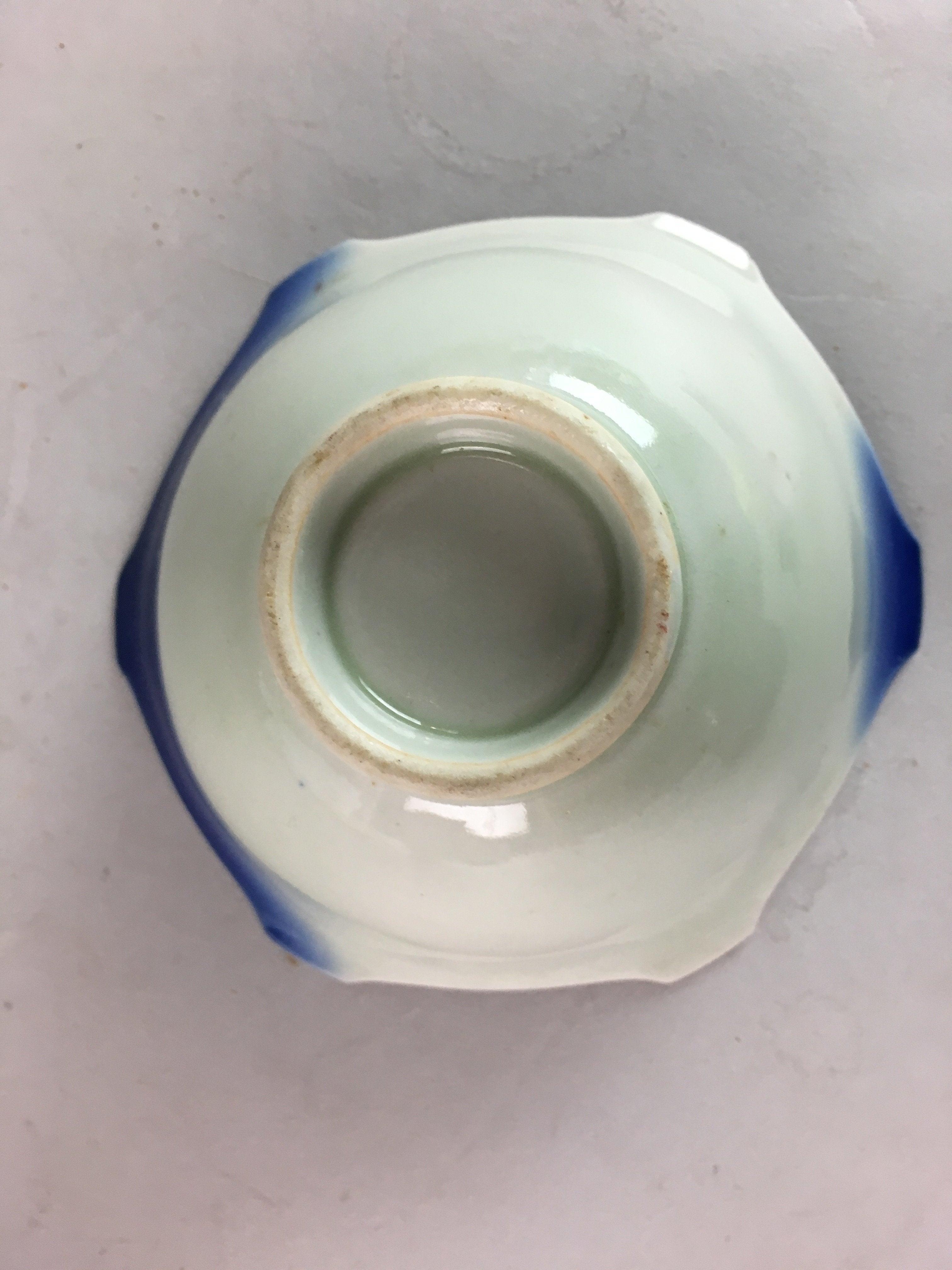 Japanese Porcelain 6 Sided Bowl Vtg Kobachi Blue Green Leaf Snack Kanji PT202