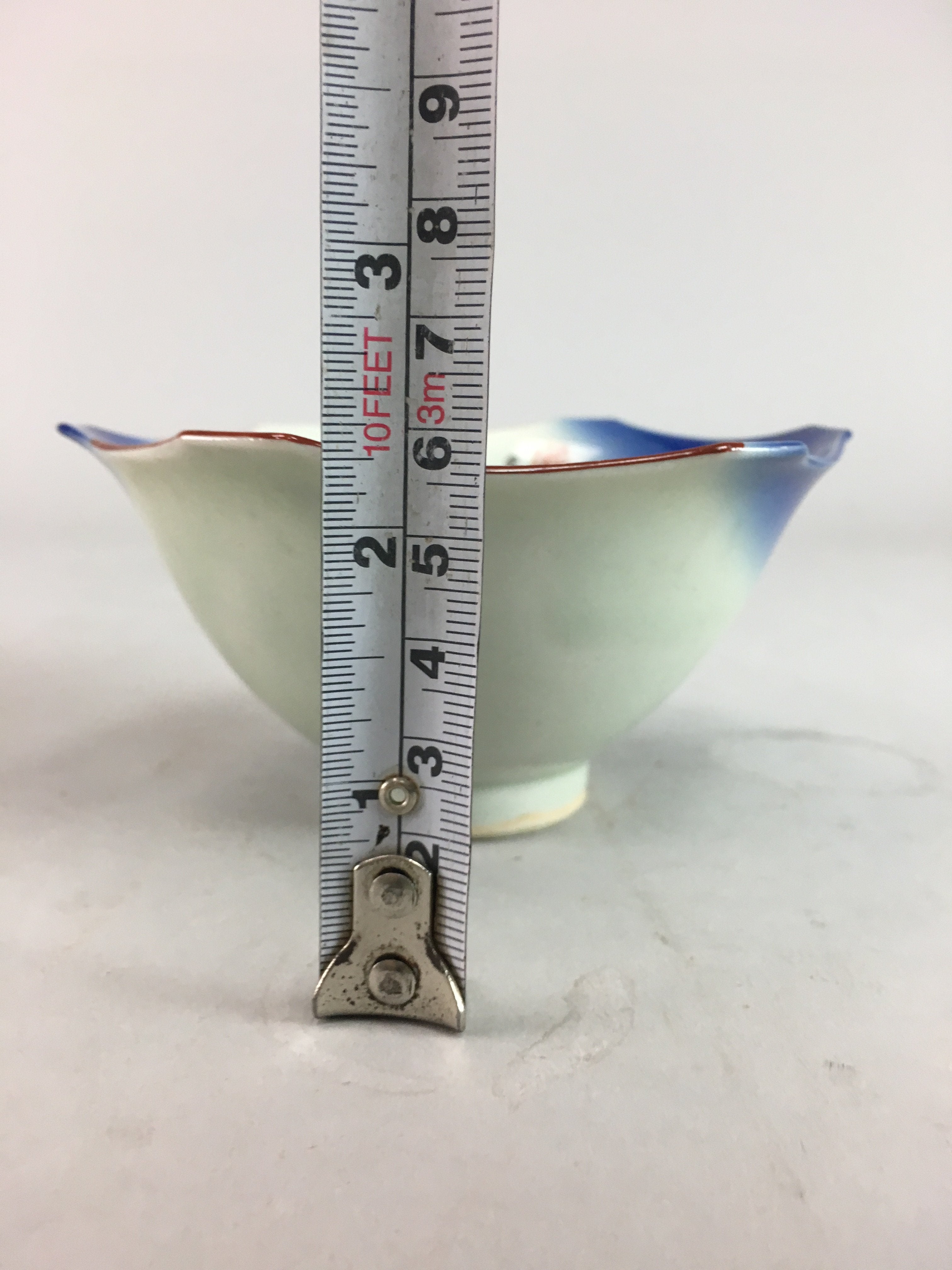 Japanese Porcelain 6 Sided Bowl Vtg Kobachi Blue Green Leaf Snack Kanji PT202