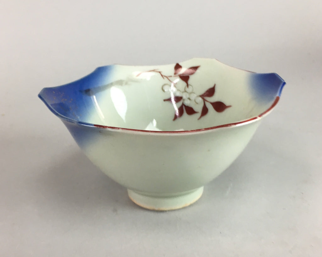 Japanese Porcelain 6 Sided Bowl Vtg Kobachi Blue Green Leaf Snack Kanji PT202