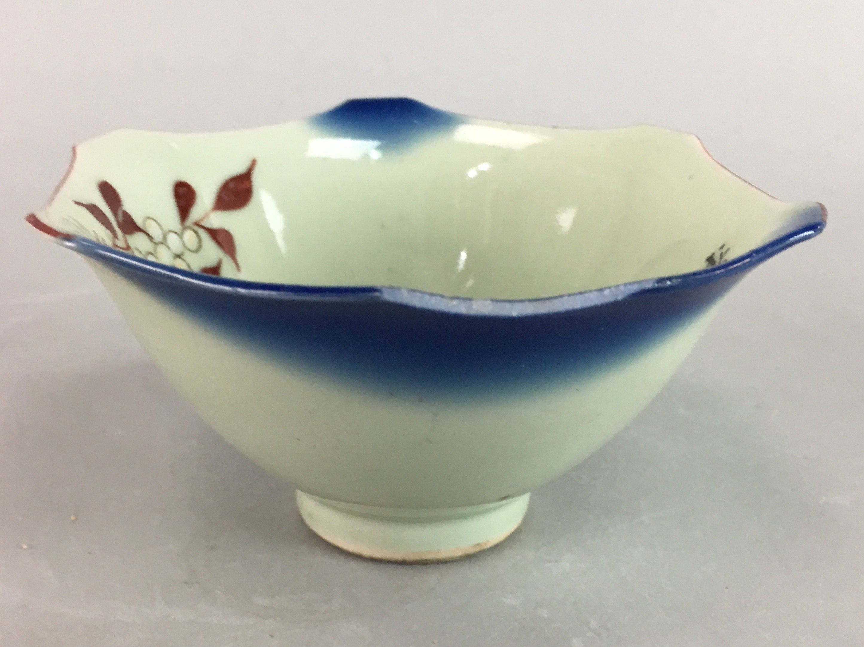 Japanese Porcelain 6 Sided Bowl Vtg Kobachi Blue Green Leaf Snack Kanji PT204
