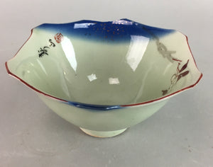 Japanese Porcelain 6 Sided Bowl Vtg Kobachi Blue Green Leaf Snack Kanji PT204