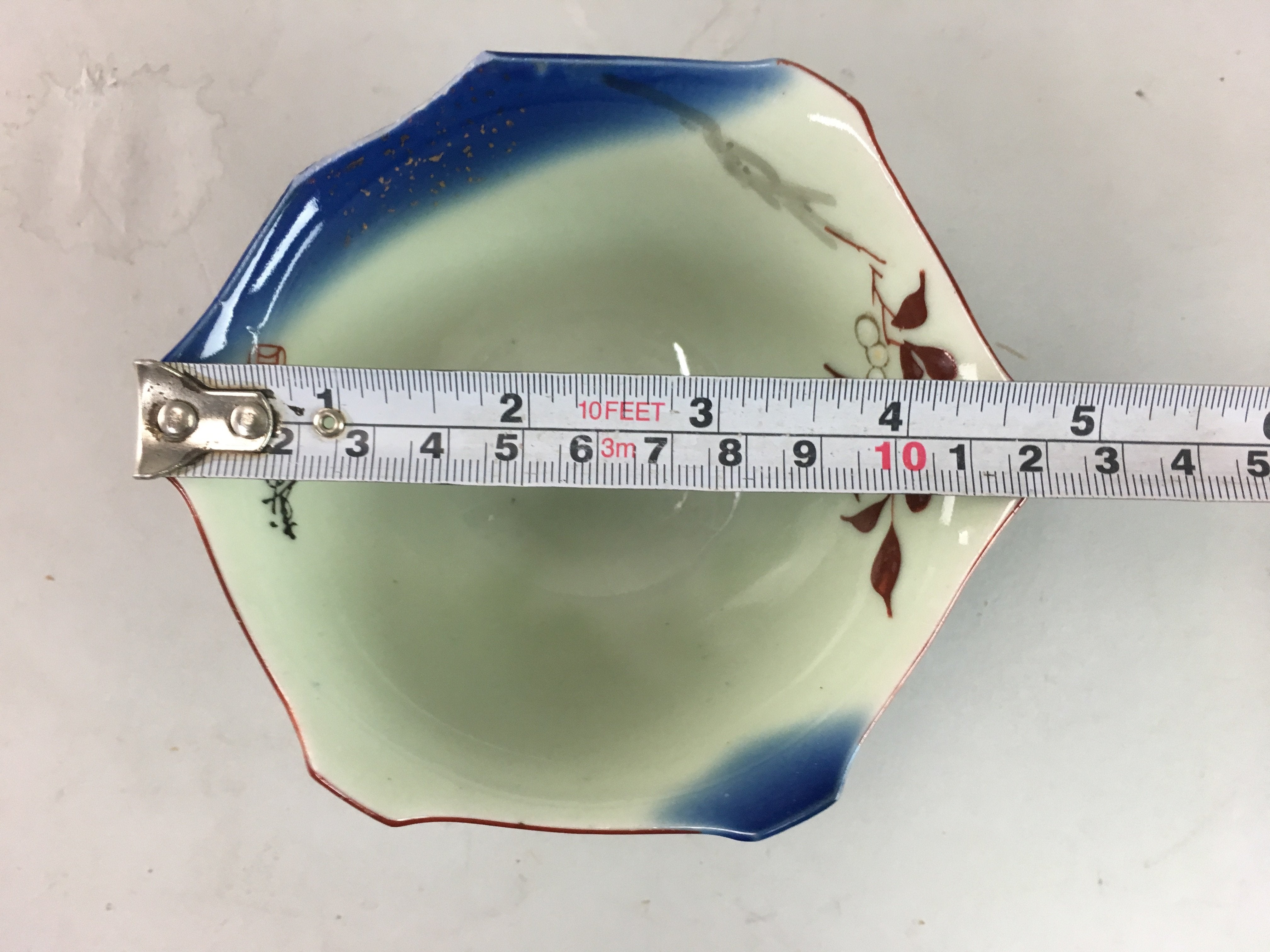Japanese Porcelain 6 Sided Bowl Vtg Kobachi Blue Green Leaf Snack Kanji PT204