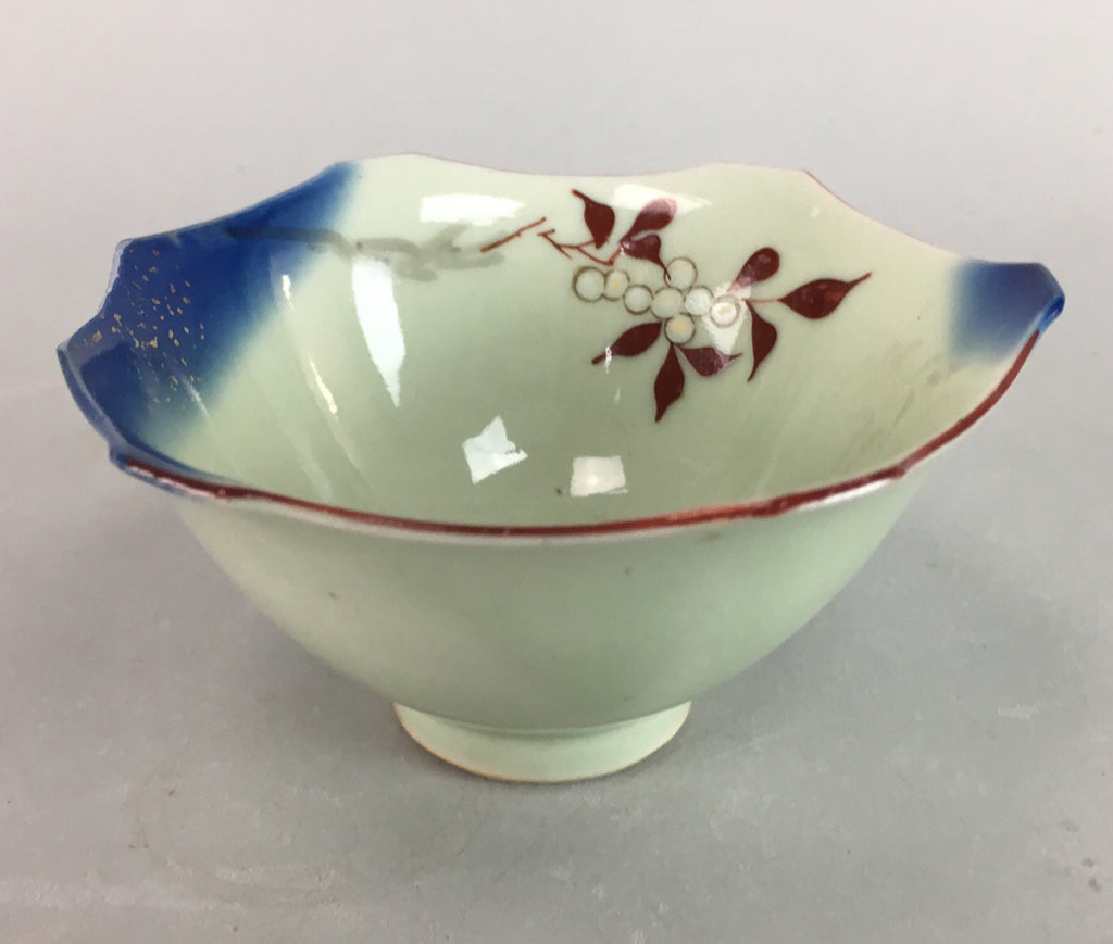 Japanese Porcelain 6 Sided Bowl Vtg Kobachi Blue Green Leaf Snack Kanji PT204