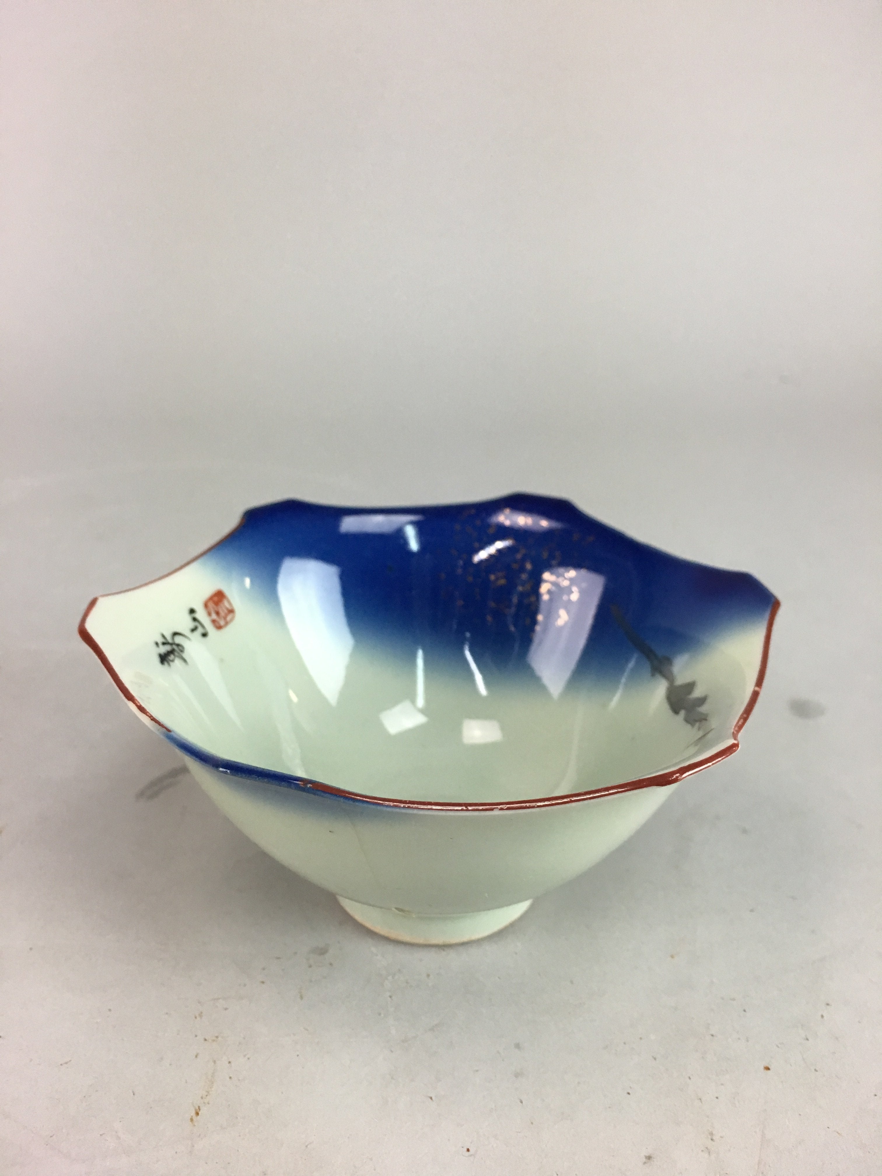 Japanese Porcelain 6 Sided Bowl Vtg Kobachi Small Blue White PT189