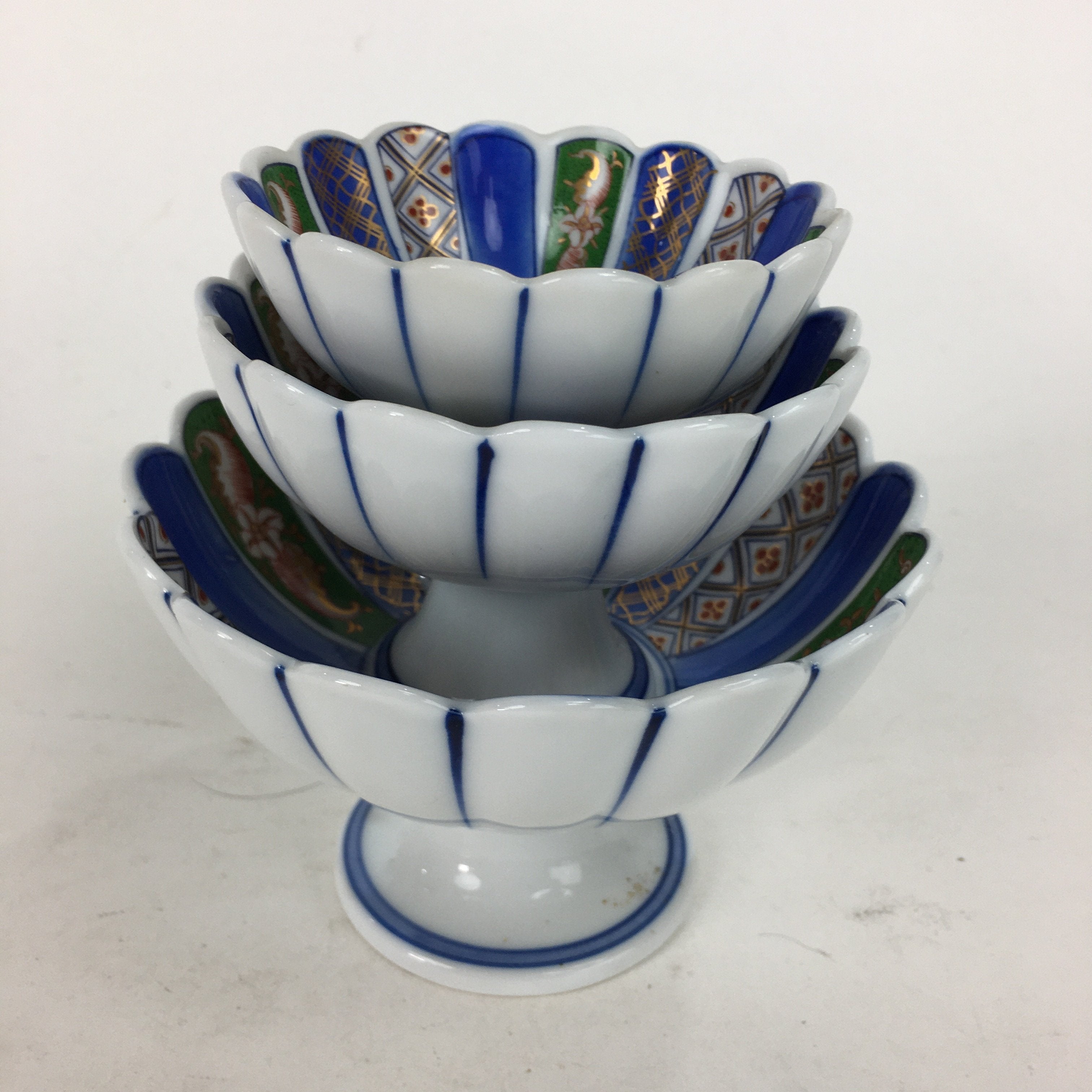 Japanese Porcelain Arita ware Legged Bowl 3pc Set Vtg Kobachi Blue Green Gold PP