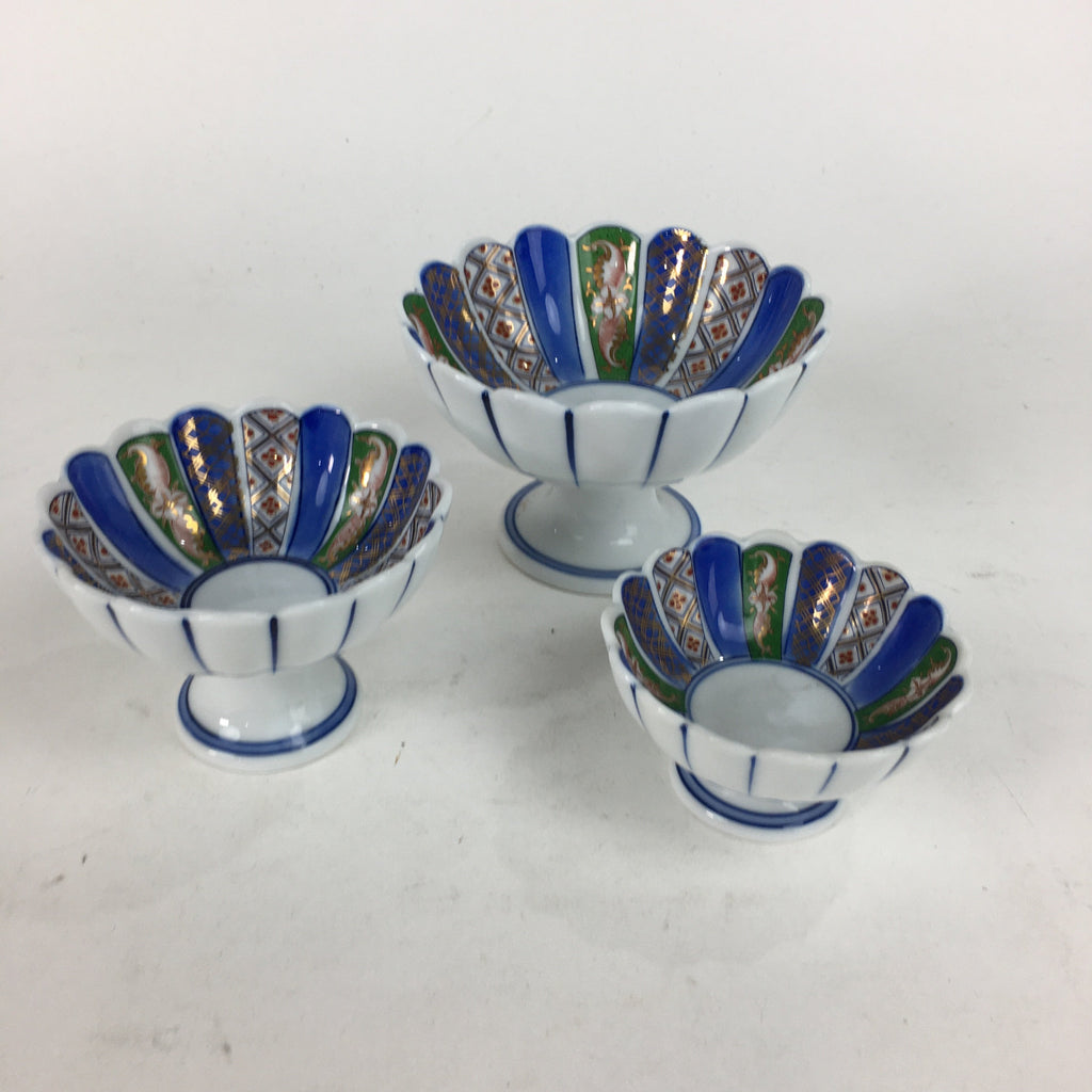 Japanese Porcelain Arita ware Legged Bowl 3pc Set Vtg Kobachi Blue Green Gold PP
