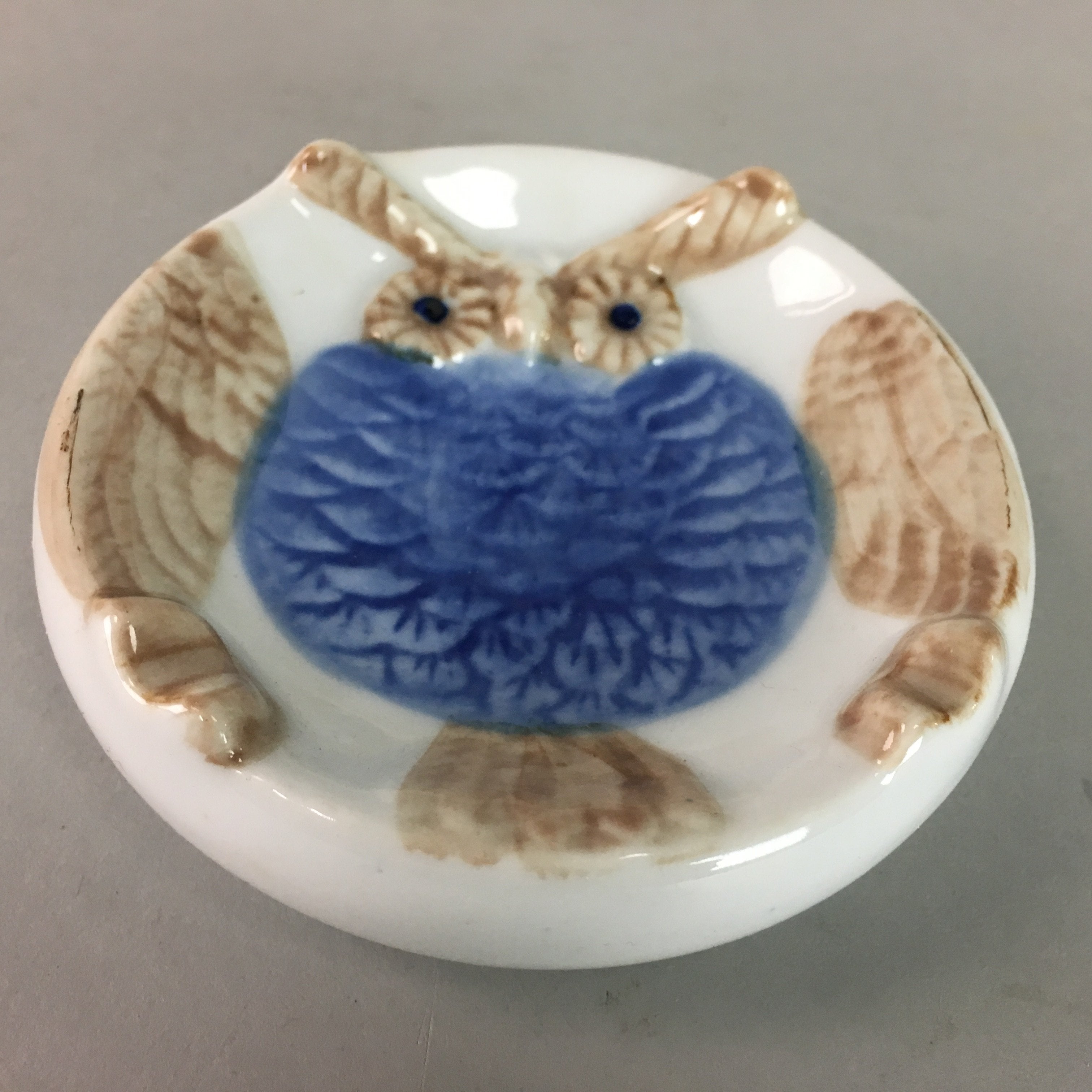 Japanese Porcelain Ashtray Vtg Haizara Owl Bird White Blue Brown Hollow PT888