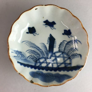 Japanese Porcelain Bowl Vtg Kobachi Ocean Bird Wavy Rim Sometsuke PT699