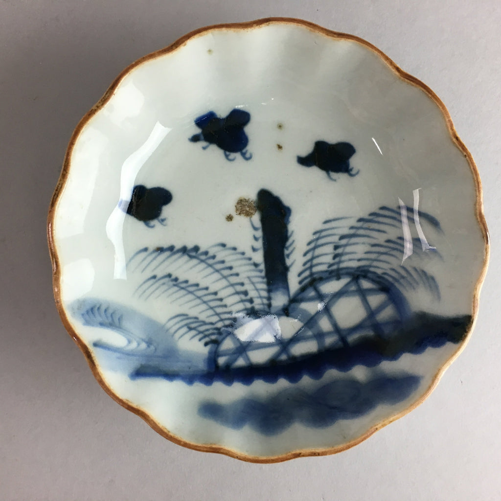 Japanese Porcelain Bowl Vtg Kobachi Ocean Bird Wavy Rim Sometsuke PT702