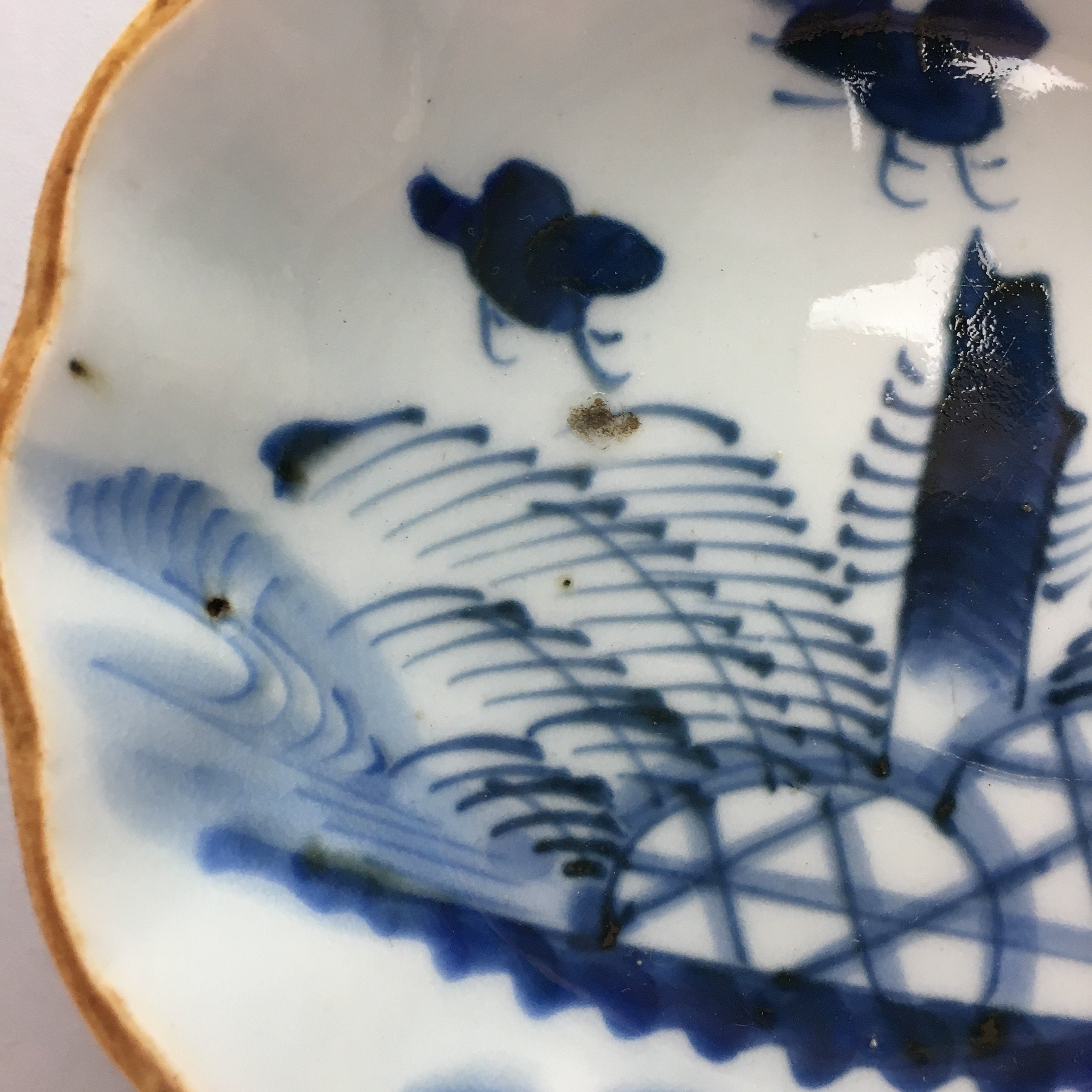 Japanese Porcelain Bowl Vtg Kobachi Ocean Bird Wavy Rim Sometsuke PT703