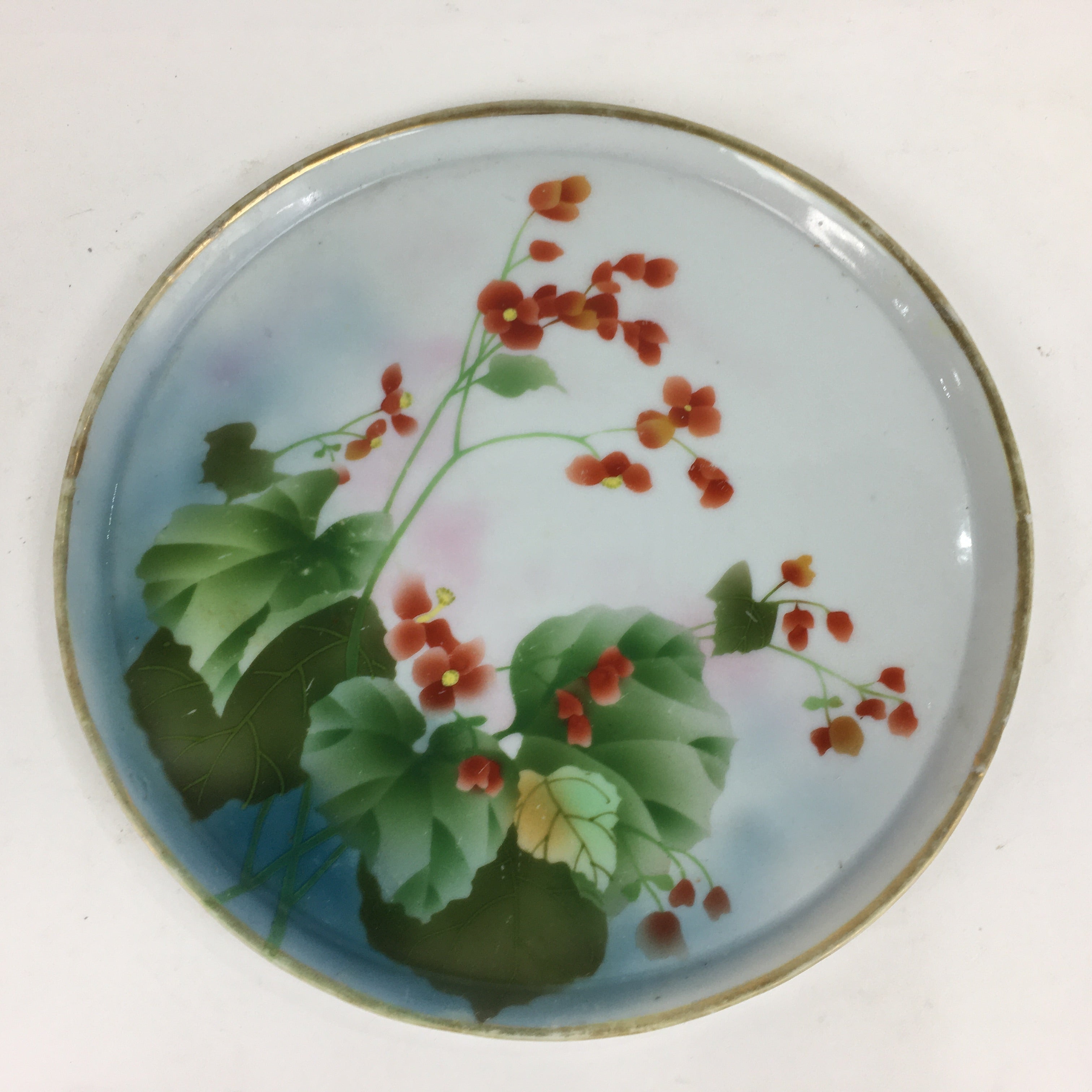 Japanese Porcelain Cake Plate Vtg Round Shape Pottery Tray Red Flower Design PP7