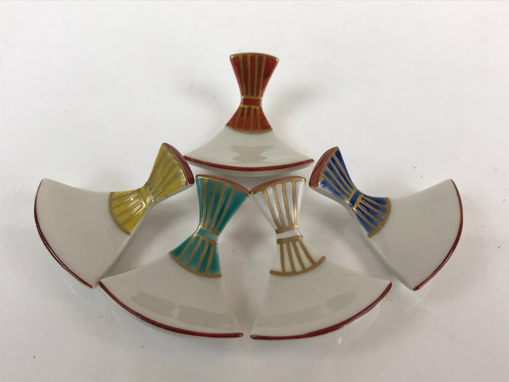 Japanese Porcelain Chopstick Rest Holder 5pc Set Vtg Folding Fan Hashioki CR267
