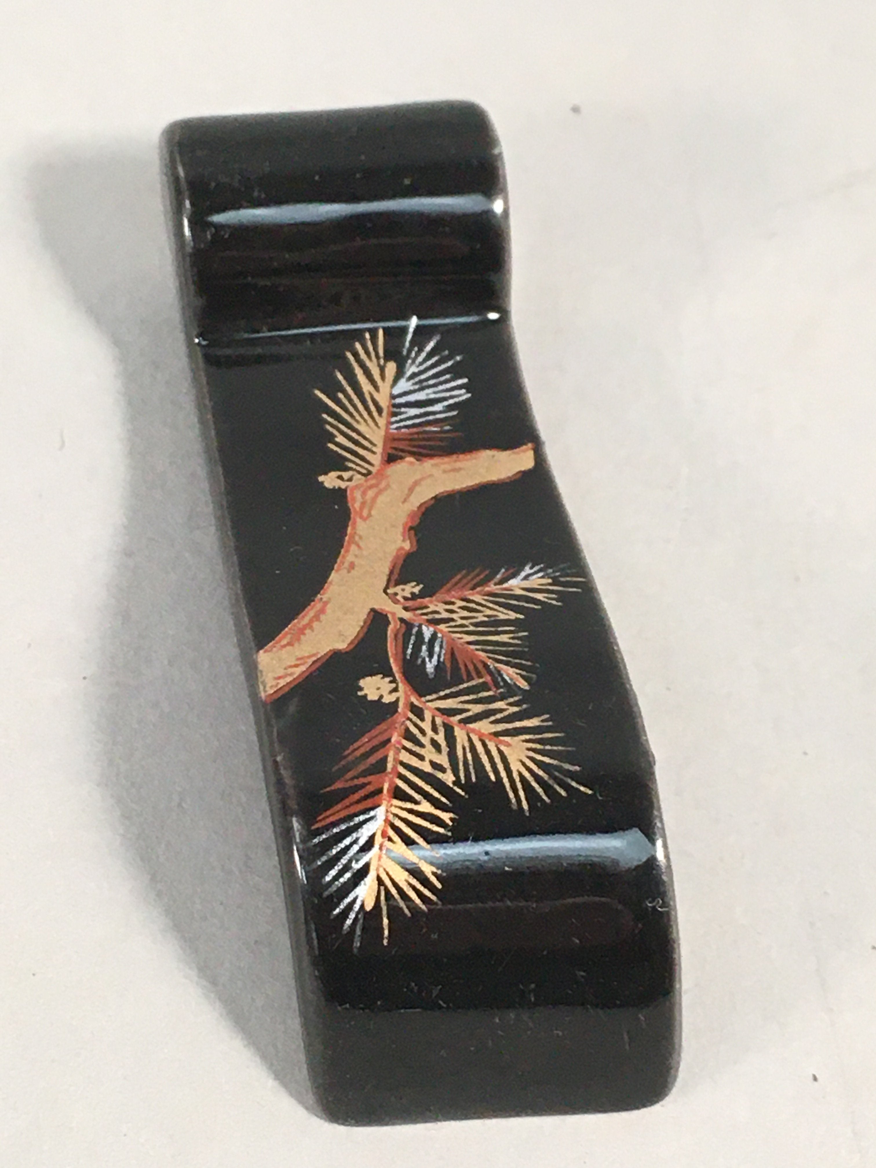 Japanese Porcelain Chopstick Rest Holder Vtg Black Gold Pine Tree Scroll CR196