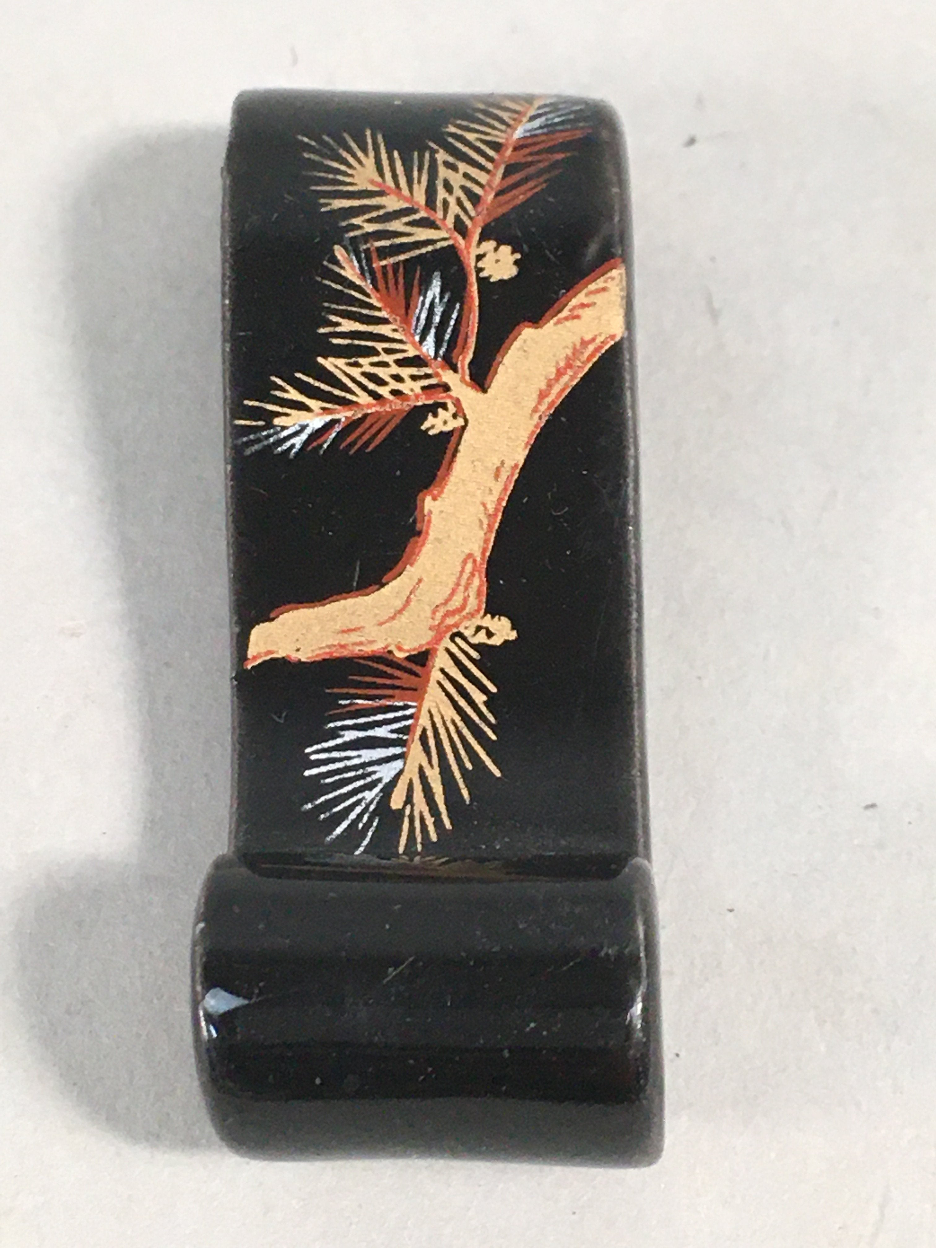 Japanese Porcelain Chopstick Rest Holder Vtg Black Gold Pine Tree Scroll CR196