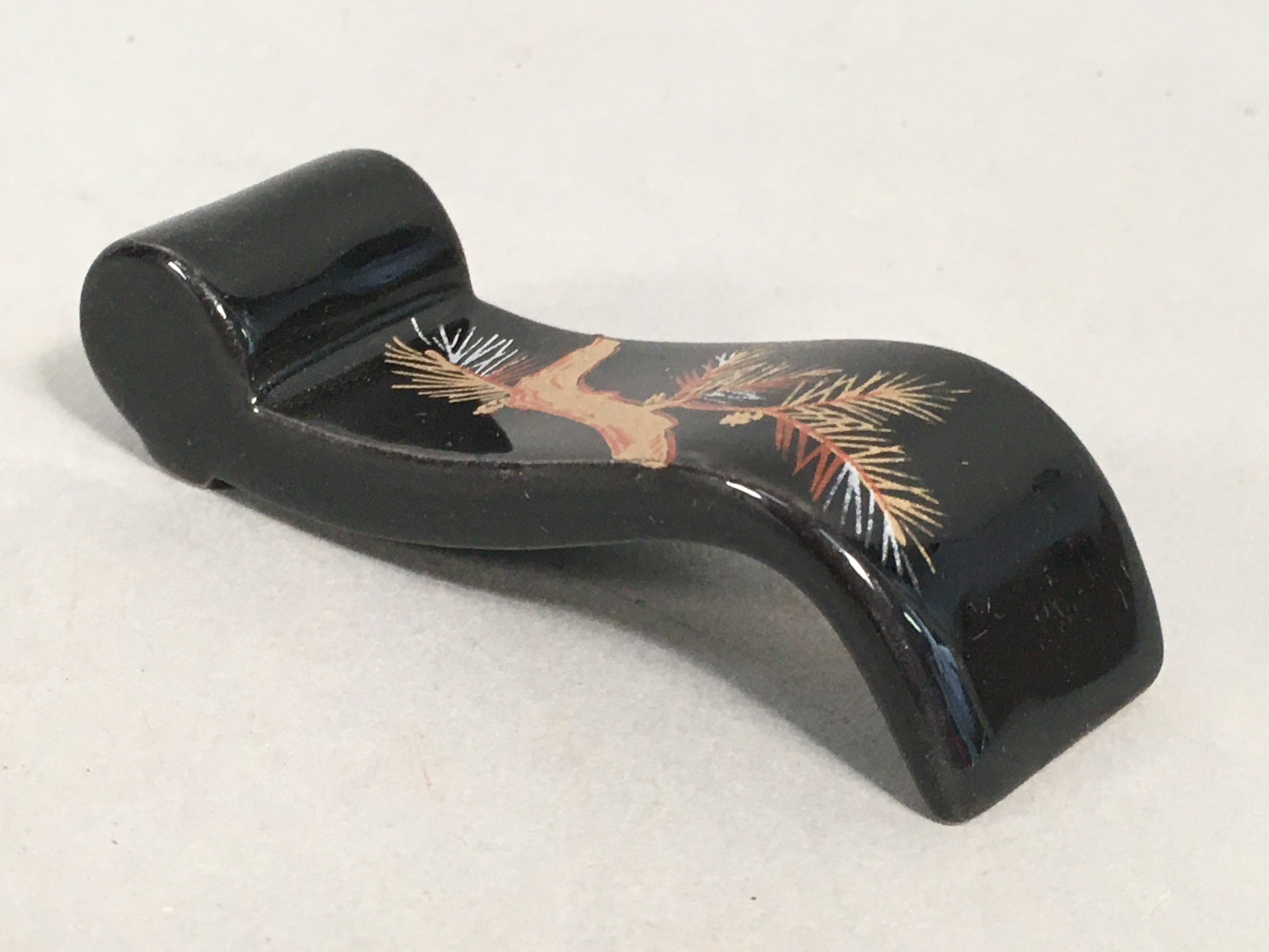 Japanese Porcelain Chopstick Rest Holder Vtg Black Gold Pine Tree Scroll CR196