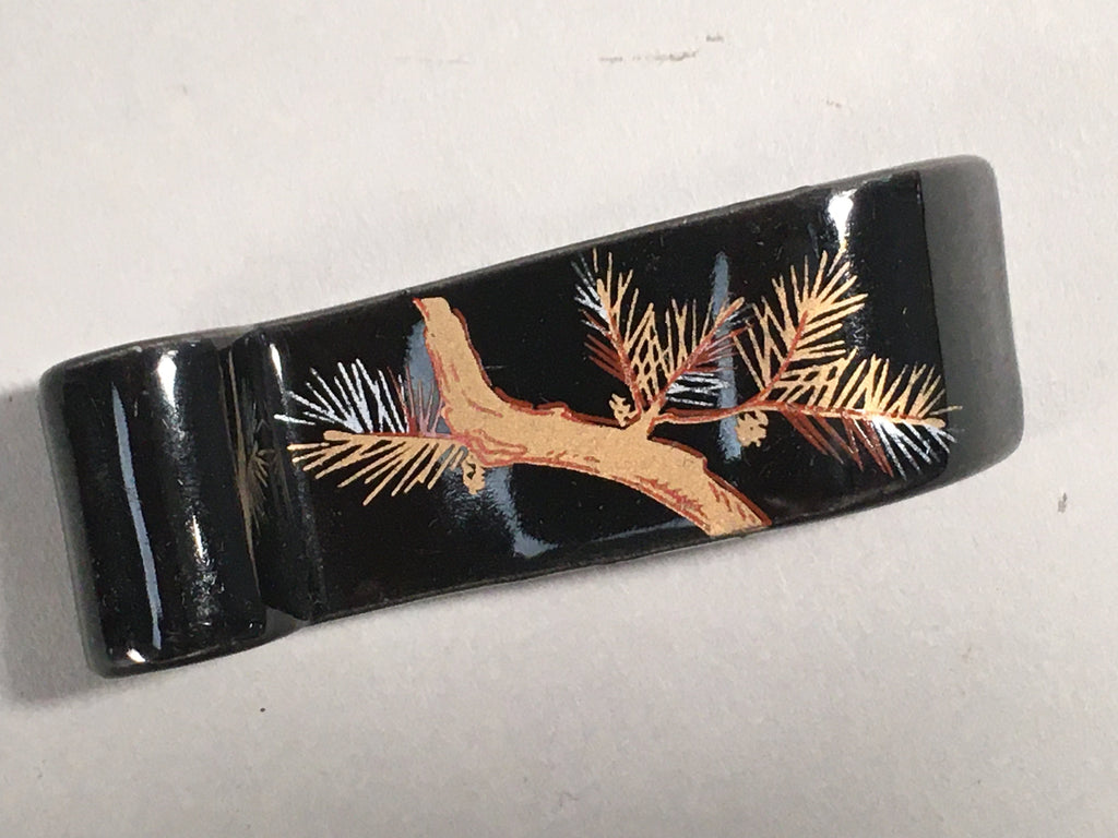 Japanese Porcelain Chopstick Rest Holder Vtg Black Gold Pine Tree Scroll CR196