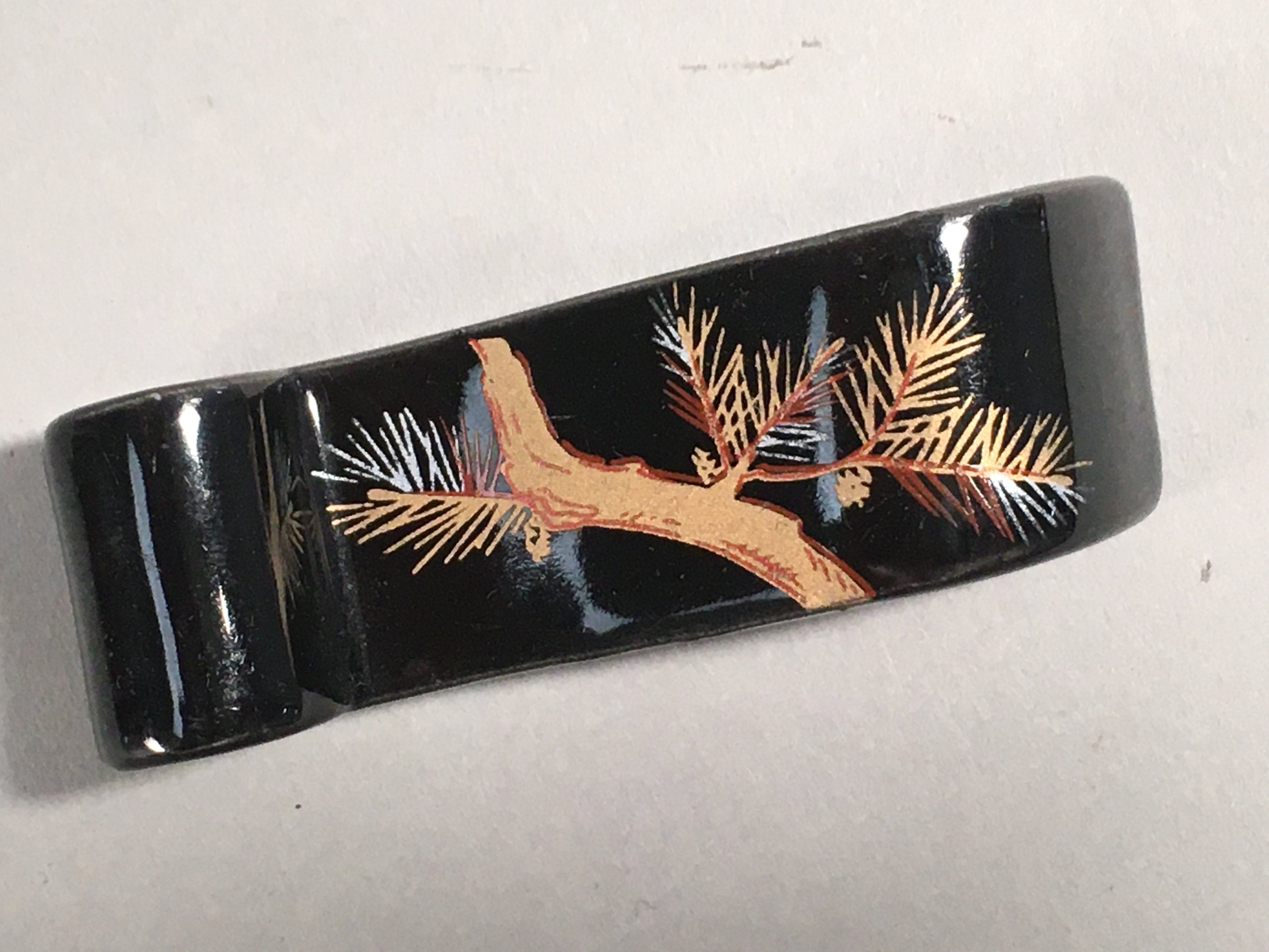 Japanese Porcelain Chopstick Rest Holder Vtg Black Gold Pine Tree Scroll CR196