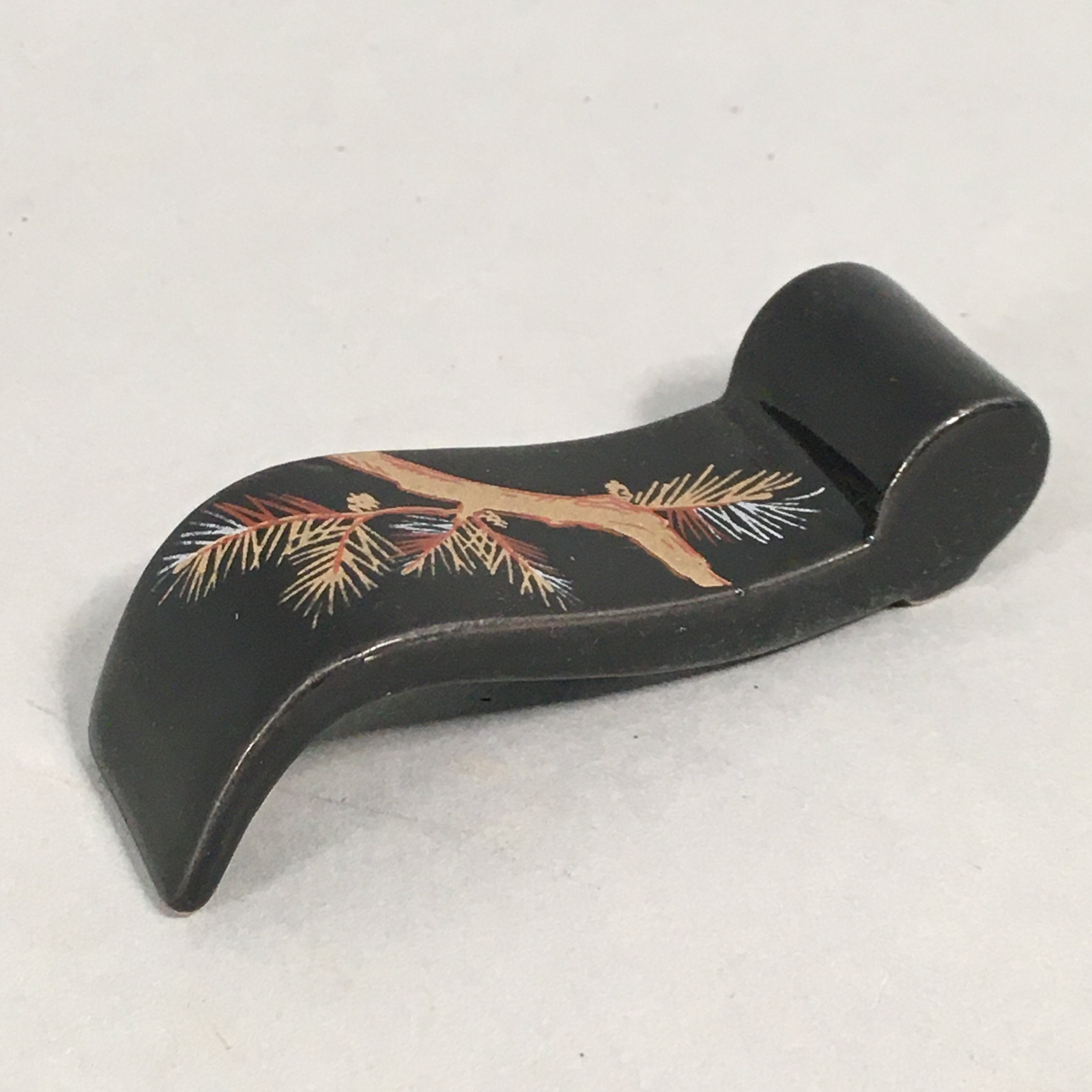 Japanese Porcelain Chopstick Rest Holder Vtg Black Gold Pine Tree Scroll CR196