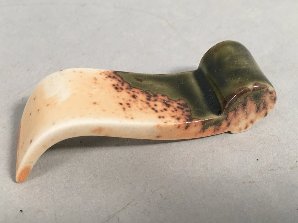 Japanese Porcelain Chopstick Rest Holder Vtg Green Brown Scroll CR194