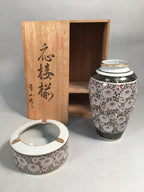 Japanese Porcelain Flower Vase Ashtray Set Vtg Floral Kabin Haizara Box PX509