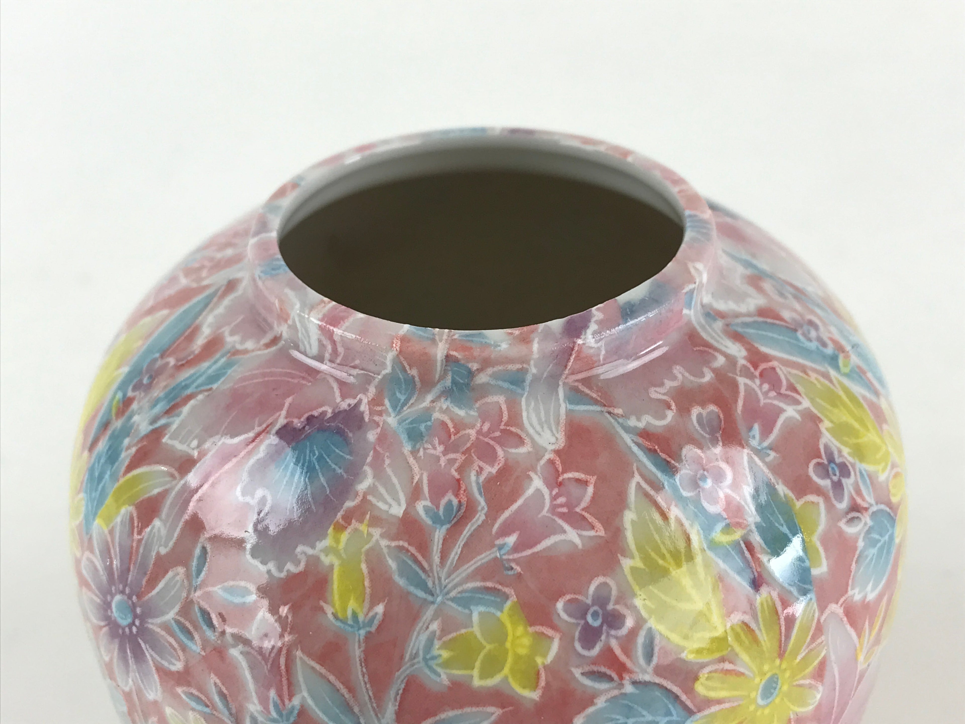 Japanese Porcelain Flower Vase Kabin Vtg Floral Pattern Ikebana Arrangement Pink