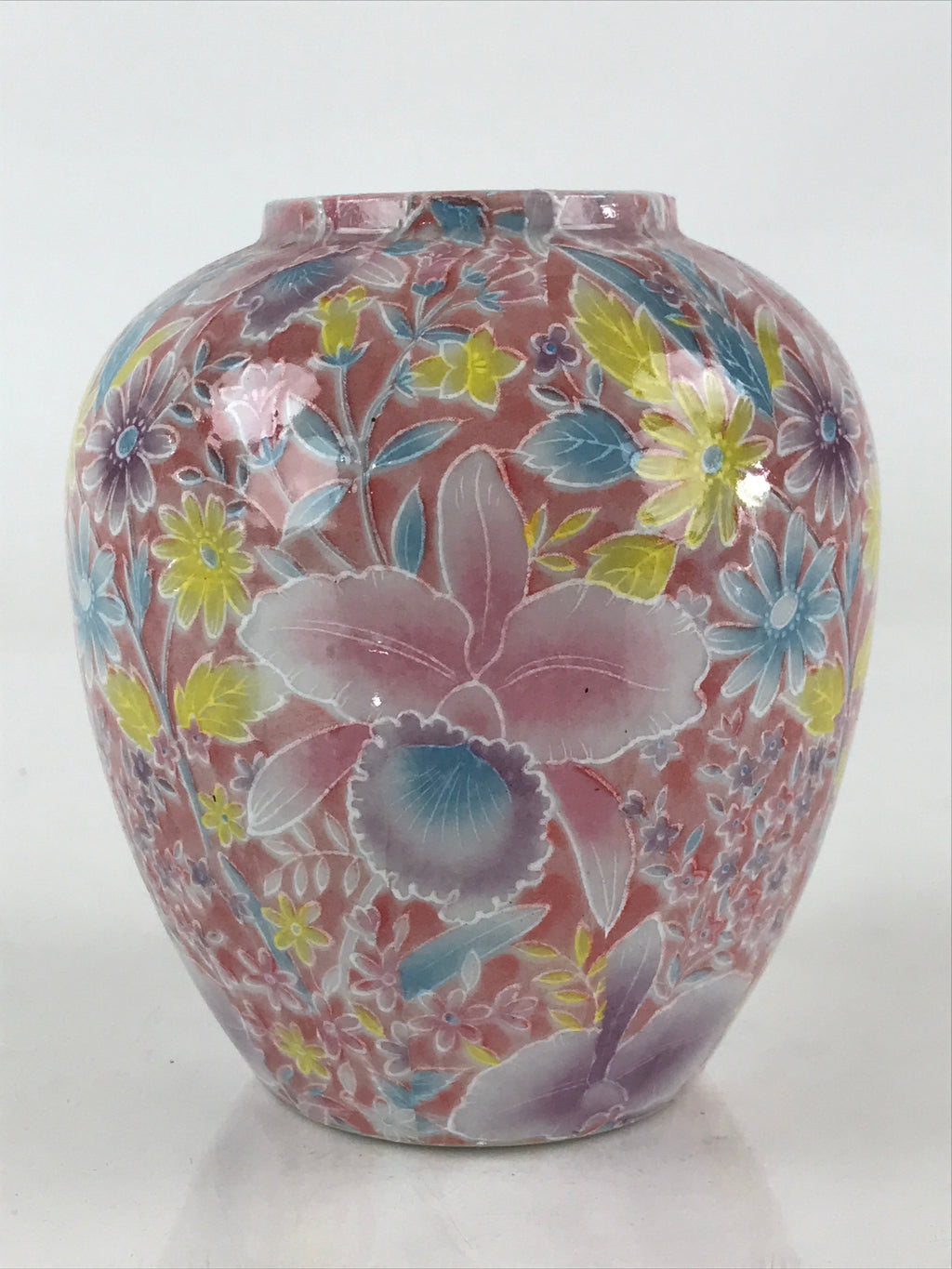 Japanese Porcelain Flower Vase Kabin Vtg Floral Pattern Ikebana Arrangement Pink