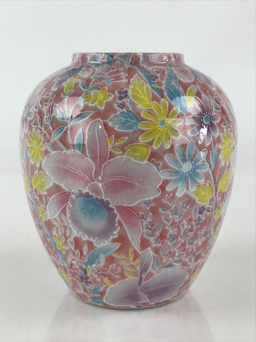 Japanese Porcelain Flower Vase Kabin Vtg Floral Pattern Ikebana Arrangement Pink