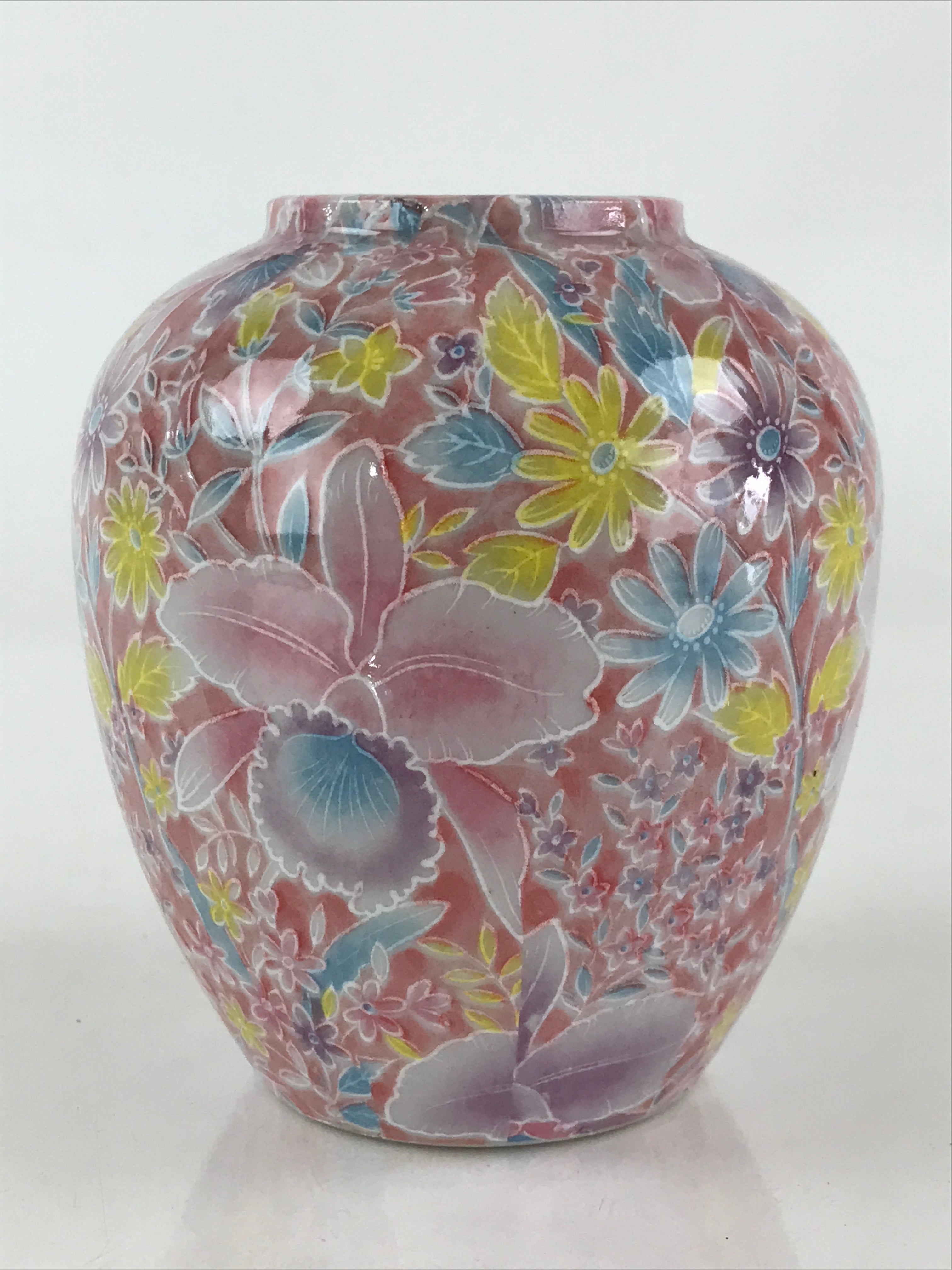 Japanese Porcelain Flower Vase Kabin Vtg Floral Pattern Ikebana Arrangement Pink