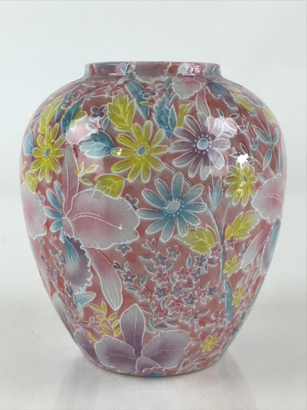 Japanese Porcelain Flower Vase Kabin Vtg Floral Pattern Ikebana Arrangement Pink