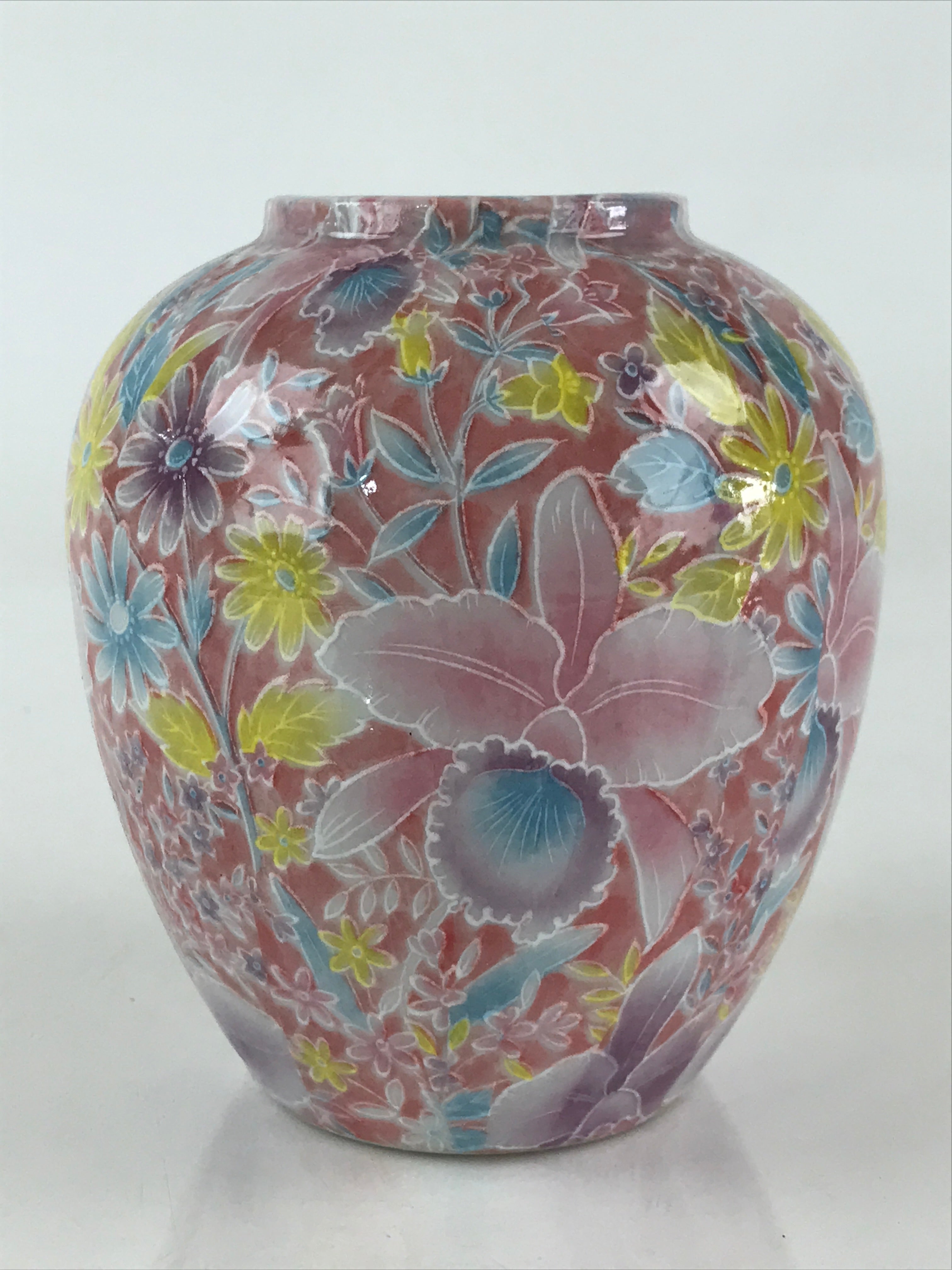 Japanese Porcelain Flower Vase Kabin Vtg Floral Pattern Ikebana Arrangement Pink