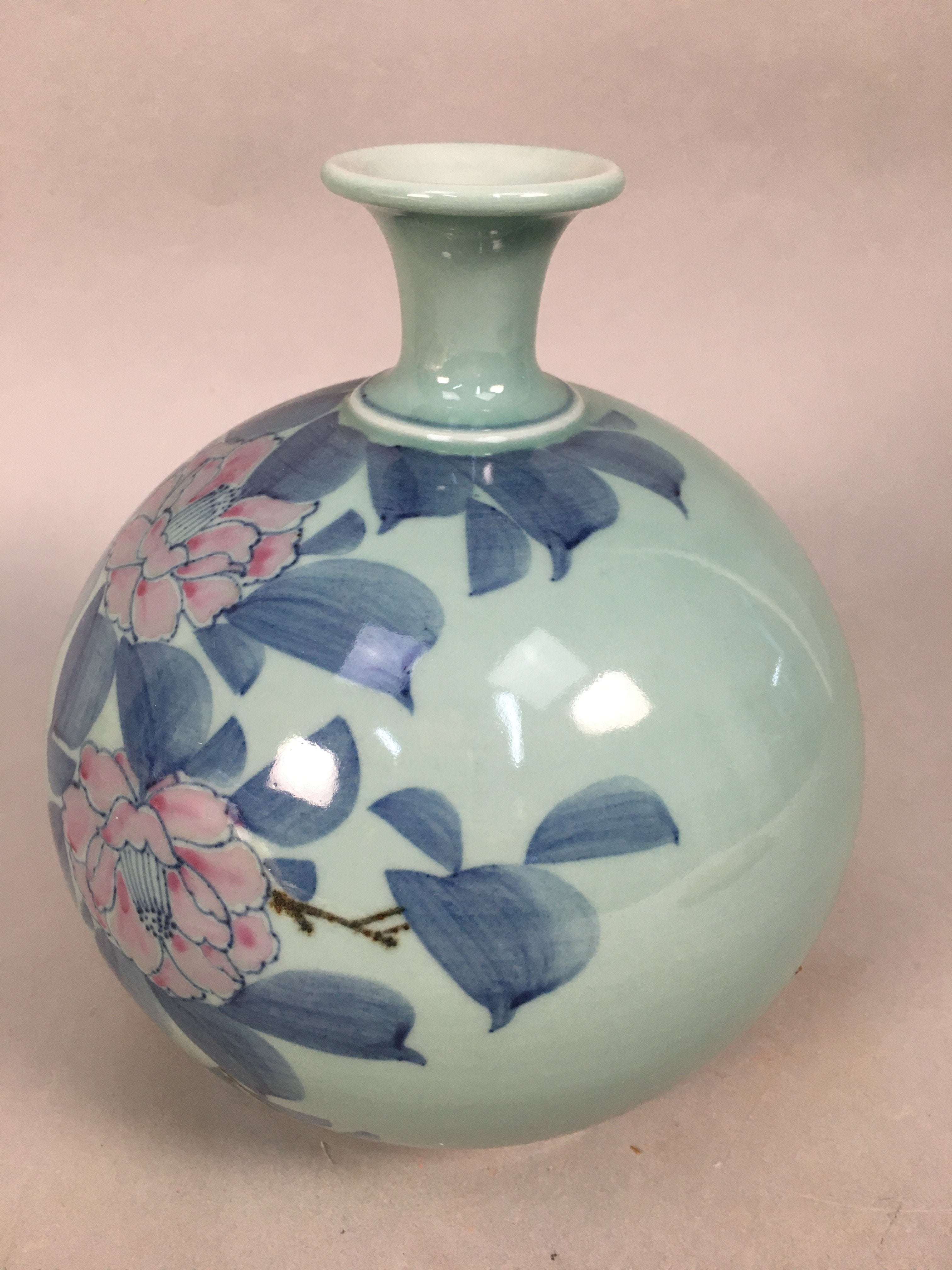 Japanese Porcelain Flower Vase Kutani ware Vtg Kabin Celadon Peony Ikebana FV893