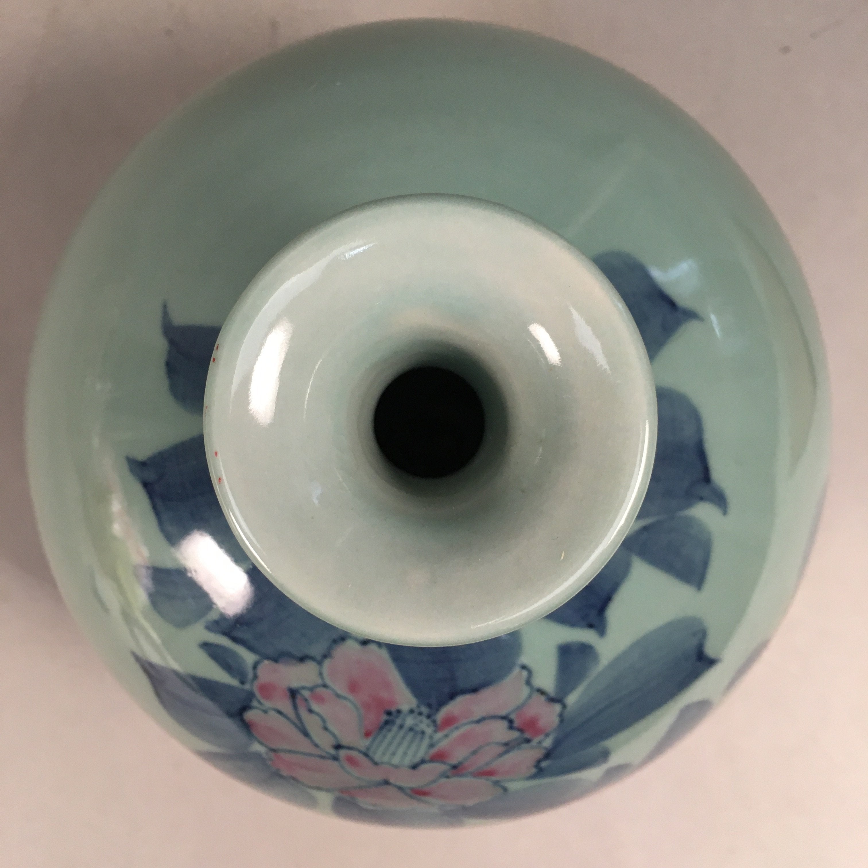 Japanese Porcelain Flower Vase Kutani ware Vtg Kabin Celadon Peony Ikebana FV893