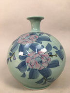 Japanese Porcelain Flower Vase Kutani ware Vtg Kabin Celadon Peony Ikebana FV893