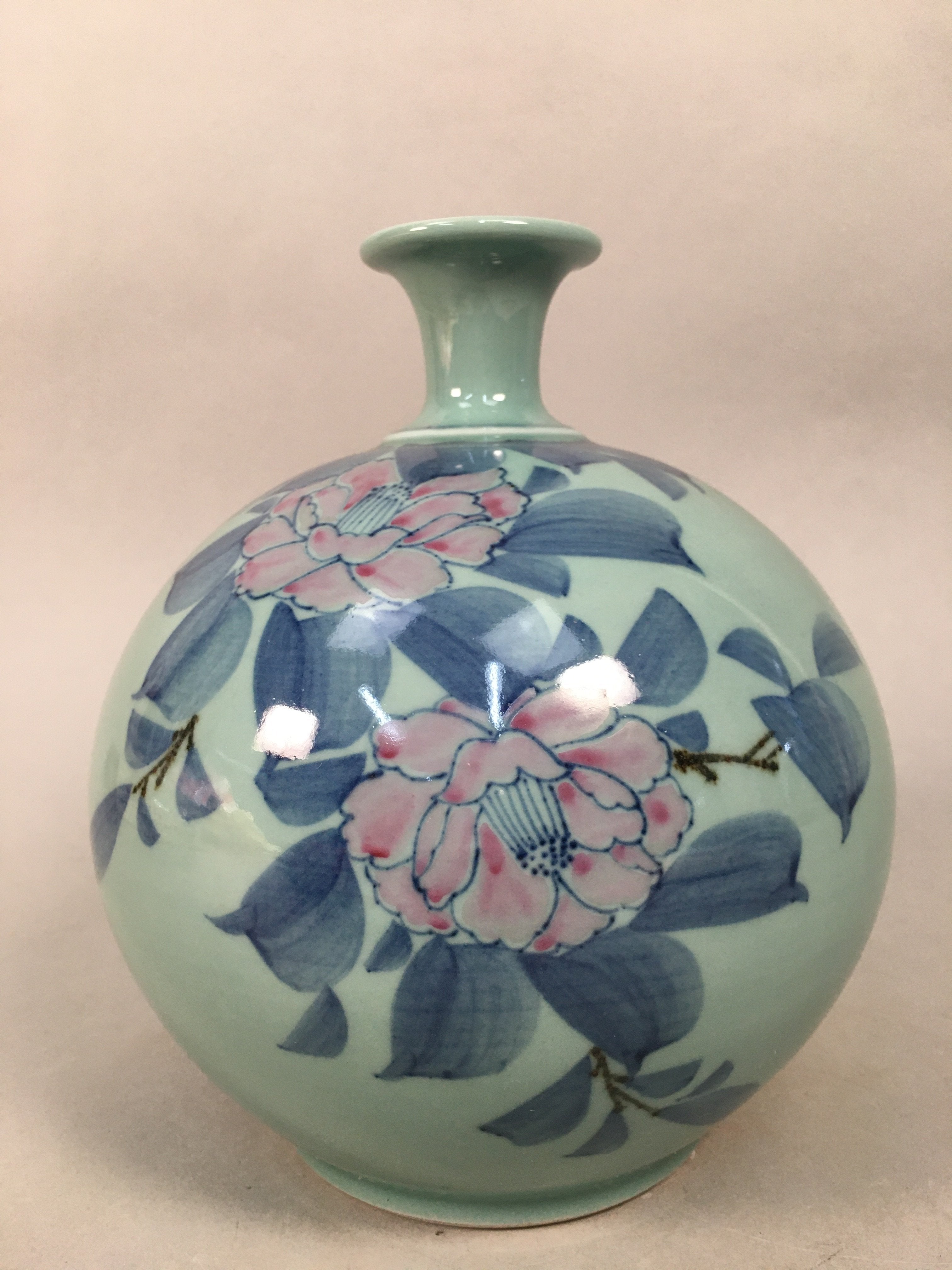 Japanese Porcelain Flower Vase Kutani ware Vtg Kabin Celadon Peony