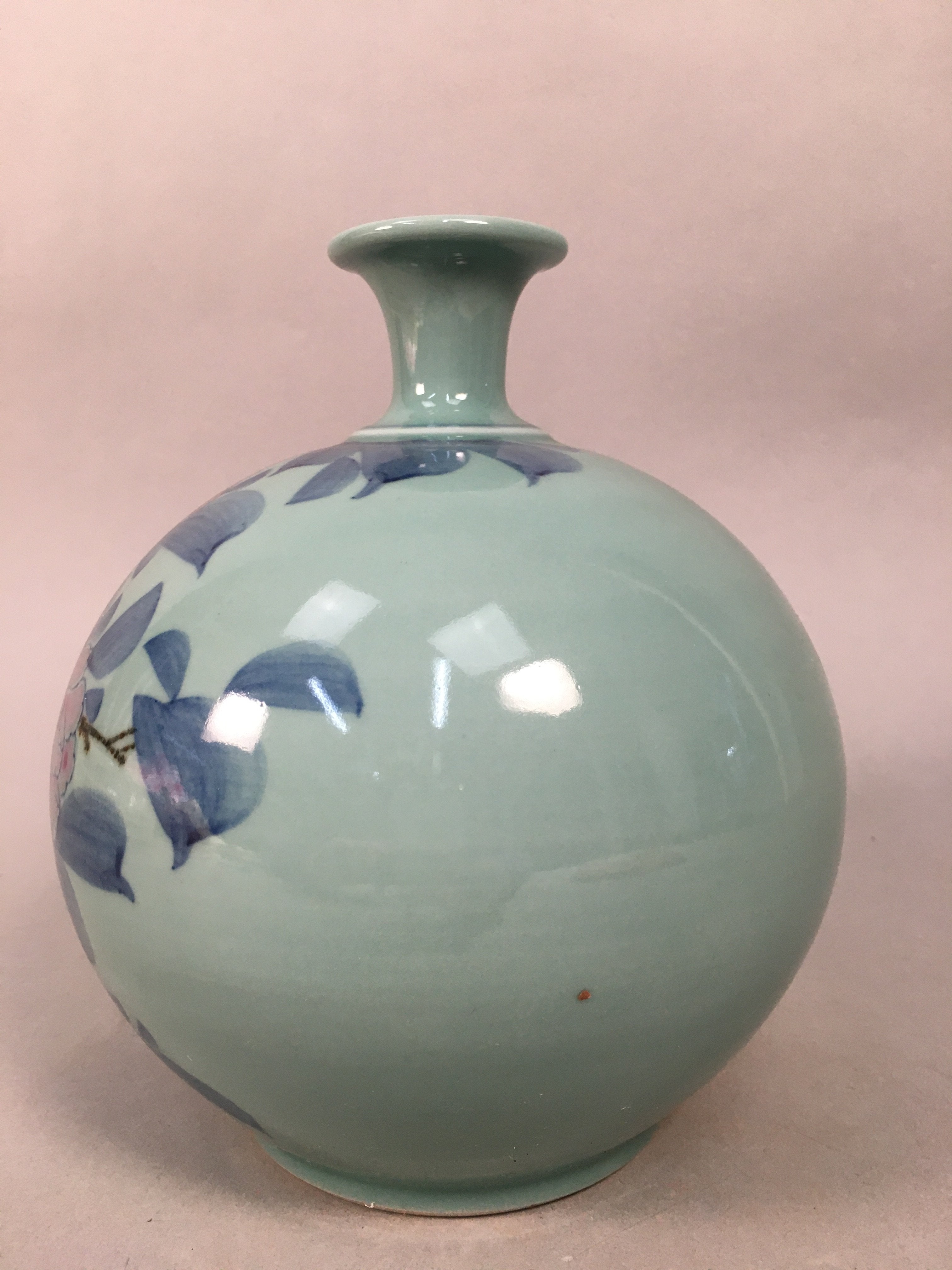 Japanese Porcelain Flower Vase Kutani ware Vtg Kabin Celadon Peony