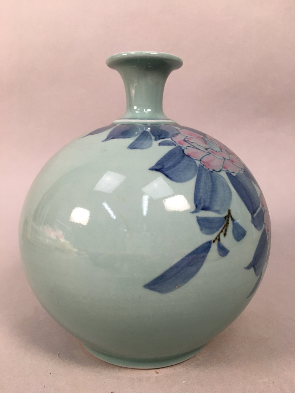 Japanese Porcelain Flower Vase Kutani ware Vtg Kabin Celadon Peony Ikebana FV893