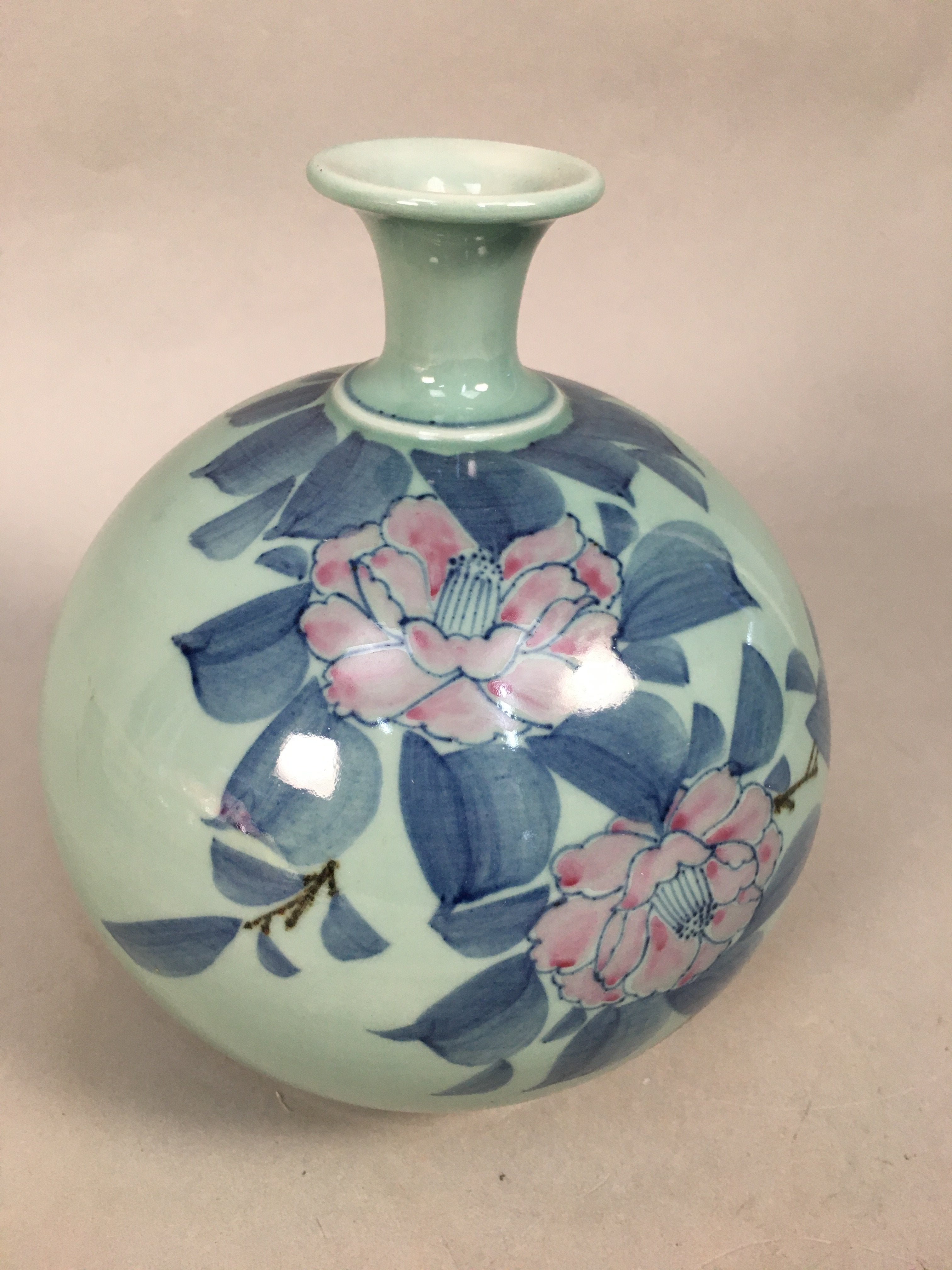 Japanese Porcelain Flower Vase Kutani ware Vtg Kabin Celadon Peony