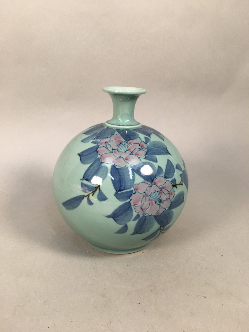 Japanese Porcelain Flower Vase Kutani ware Vtg Kabin Celadon Peony Ikebana FV893