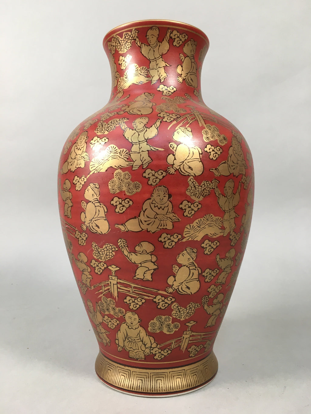 Japanese Porcelain Flower Vase Kutani ware Vtg Kabin Ikebana Red Gold FV895