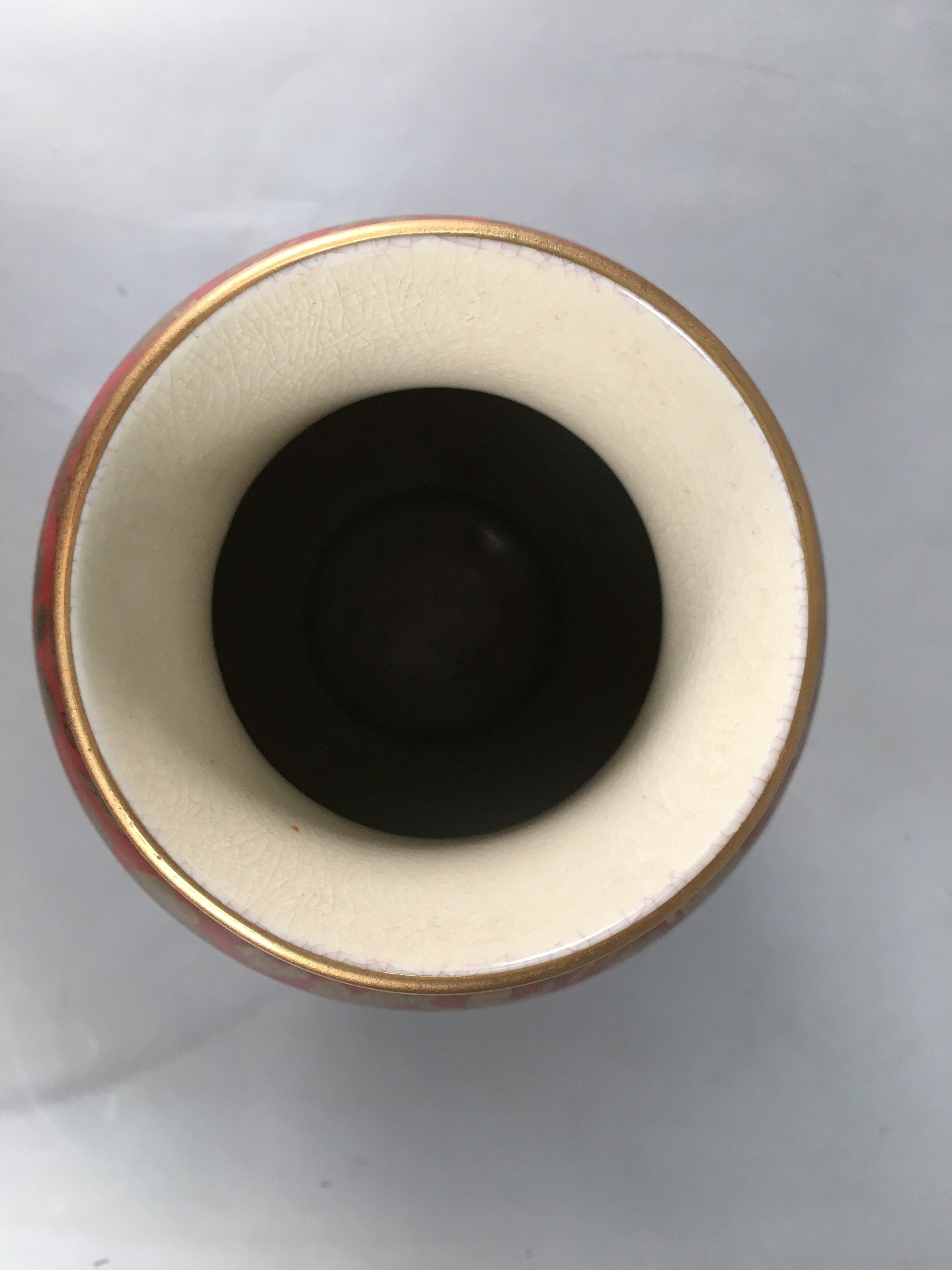 Japanese Porcelain Flower Vase Kutani ware Vtg Kabin Ikebana Red Gold FV895