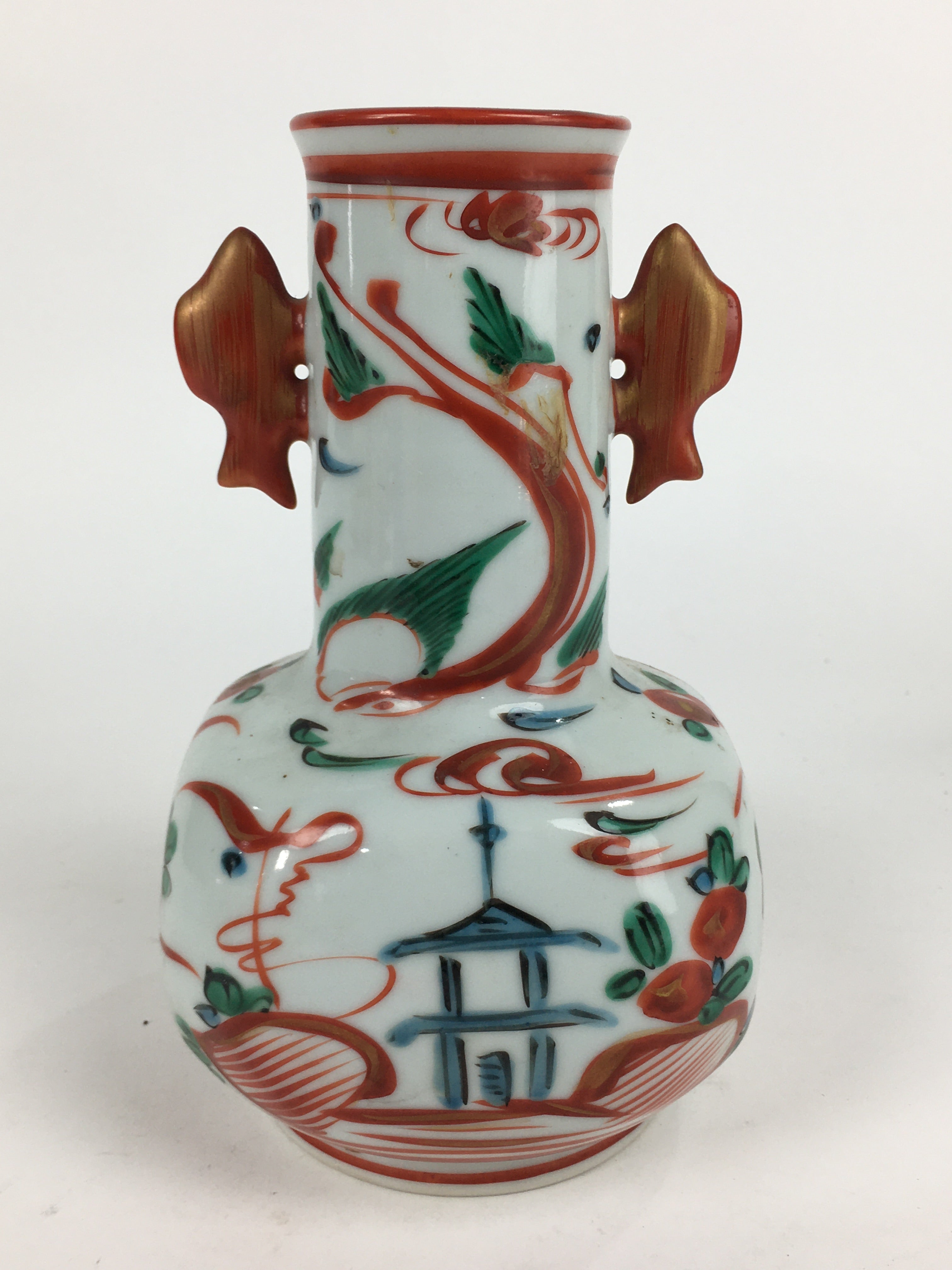 Japanese Porcelain Flower Vase Mino ware Vtg Akae Kabin Ikebana Arrangement FV94